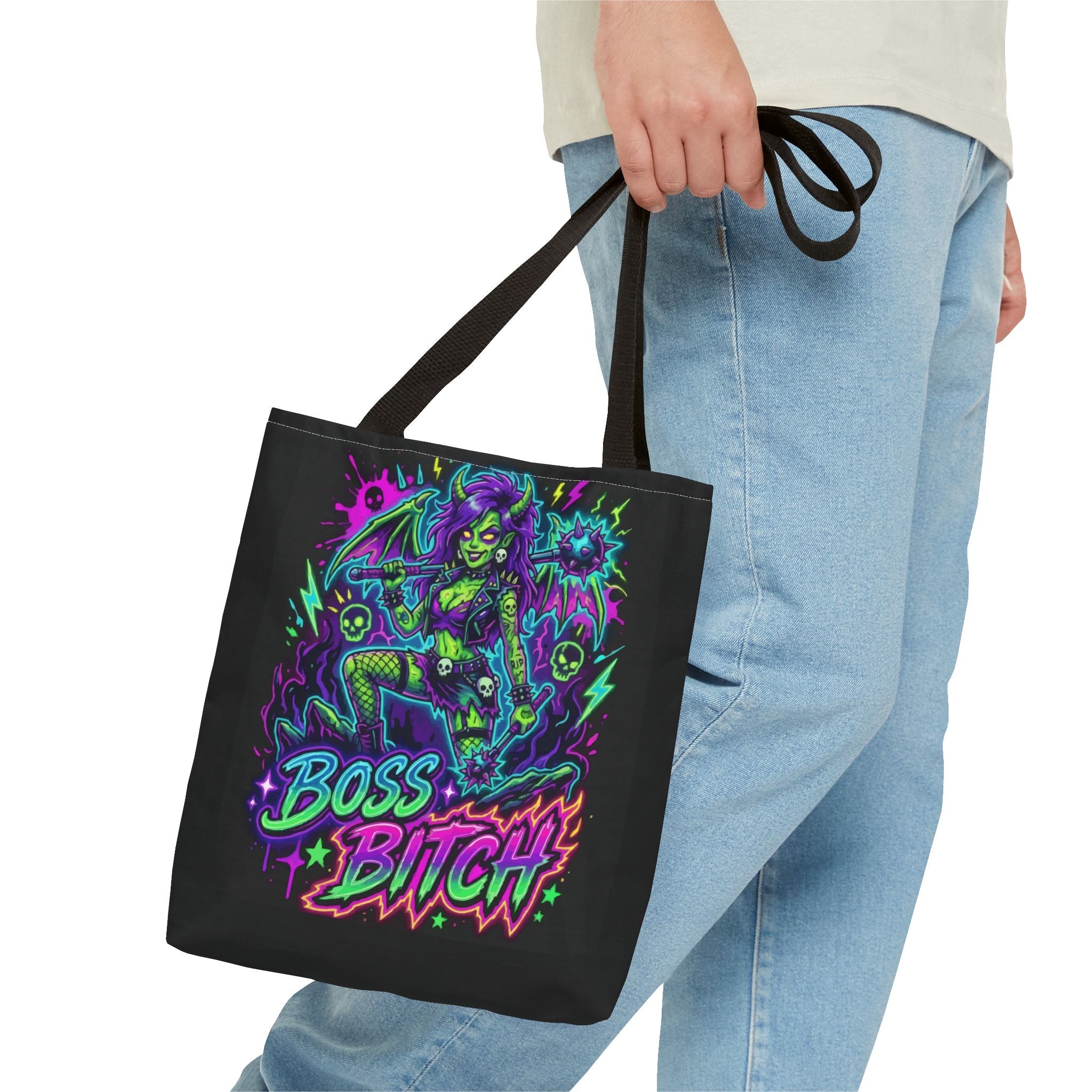 Tote — Neon Gothic 'Boss Bitch' Demoness Graphic Tote Bag