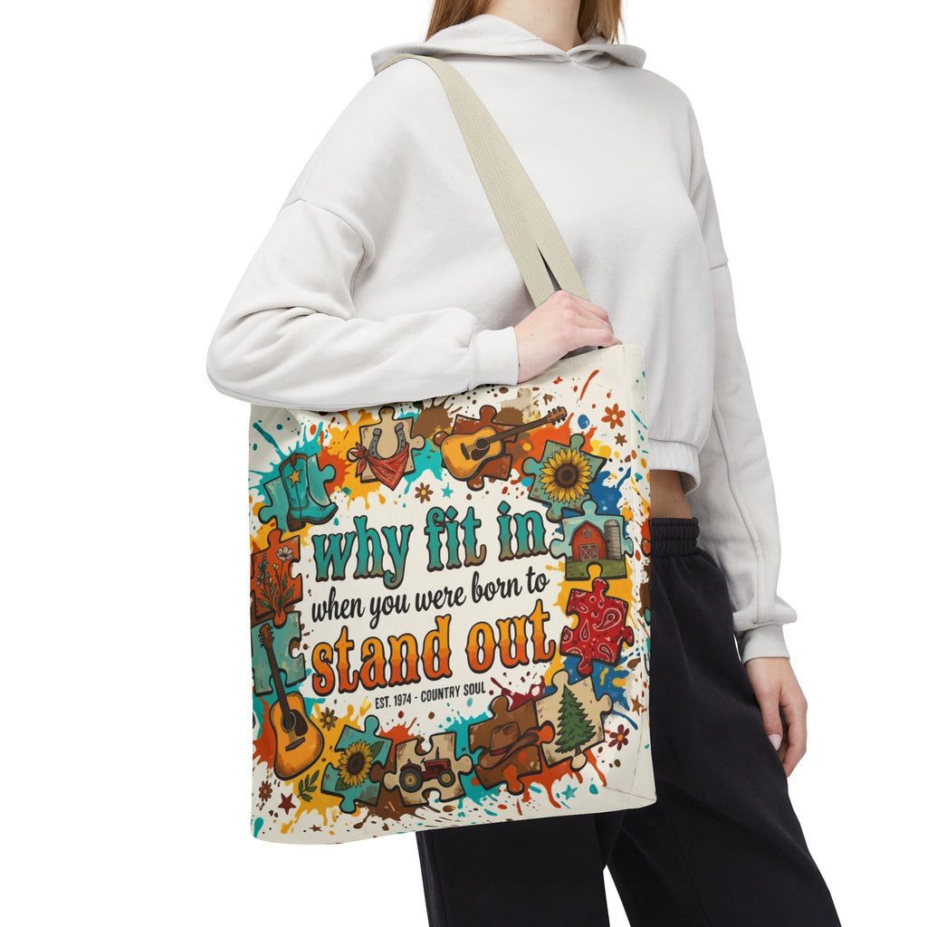 Stand Out Tote Bag — "Why Fit In When You Were Born to Stand Out" Colorful Boho Guitar Design