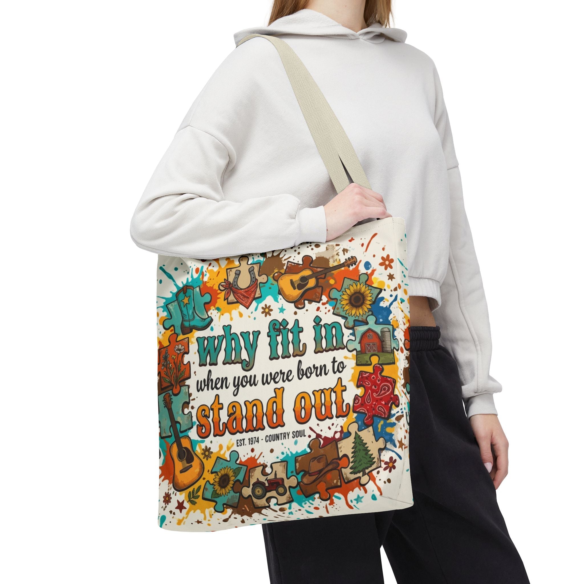Stand Out Tote Bag — "Why Fit In When You Were Born to Stand Out" Colorful Boho Guitar Design