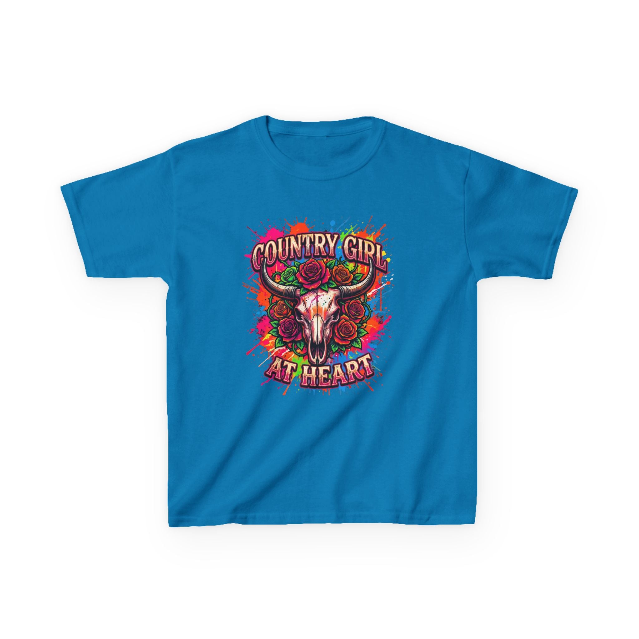 Kids T-Shirt — "Country Girl at Heart" Colorful Cow Skull Tee