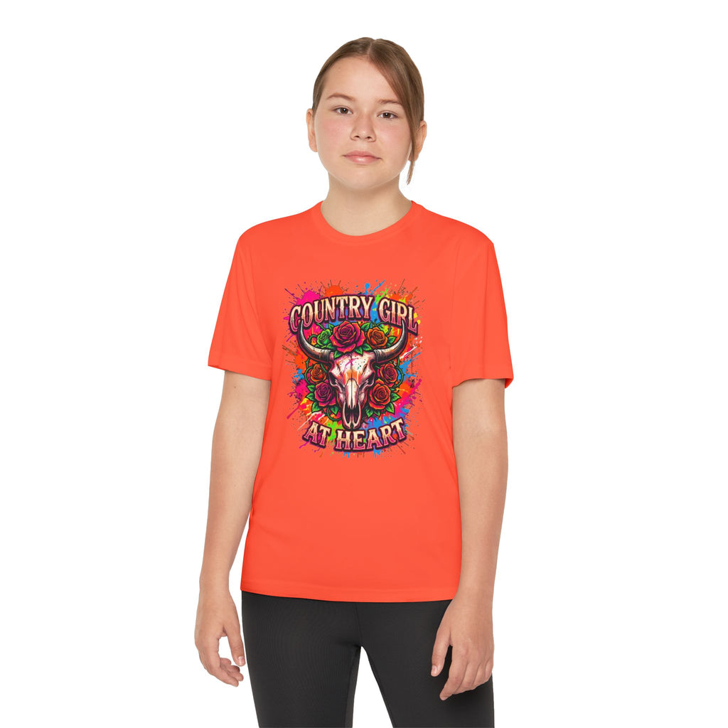 Youth T-Shirt — "Country Girl at Heart" Floral Bull Skull Graphic