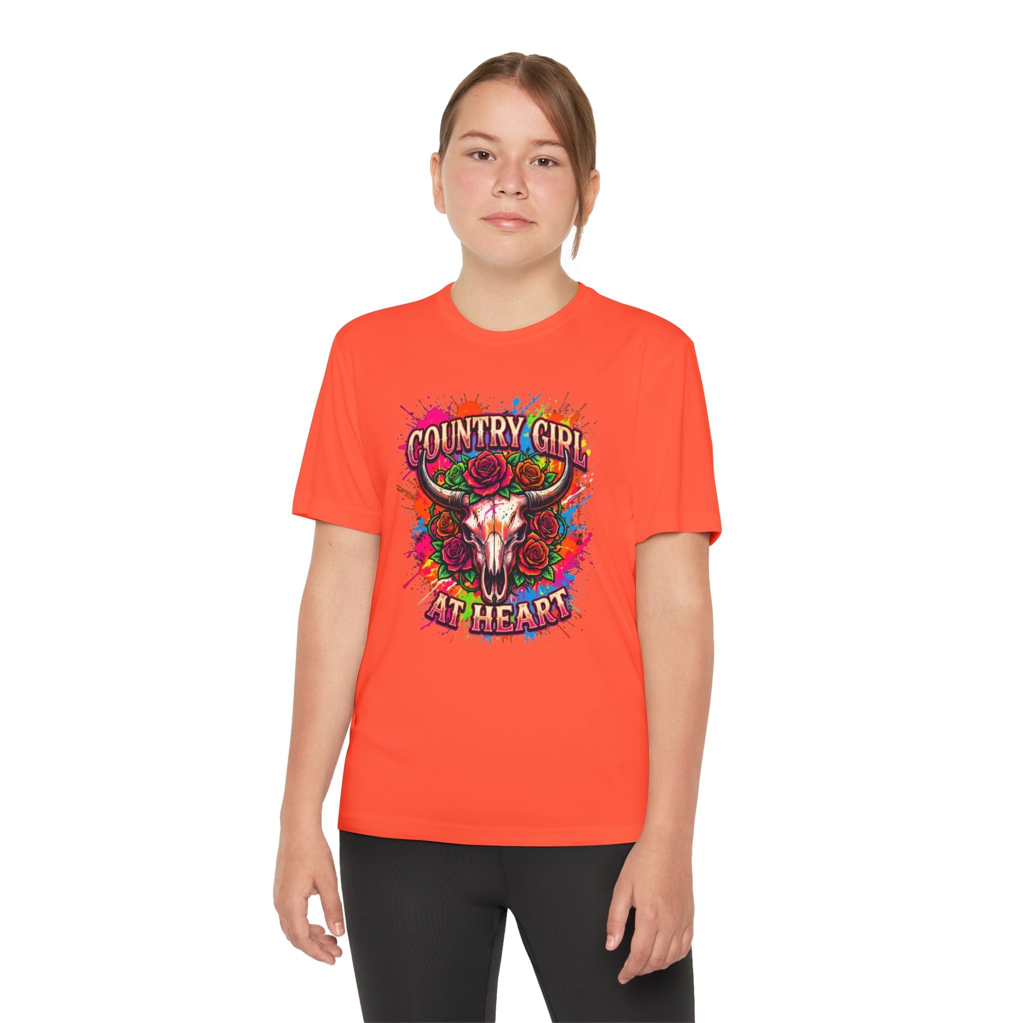 Youth T-Shirt — "Country Girl at Heart" Floral Bull Skull Graphic