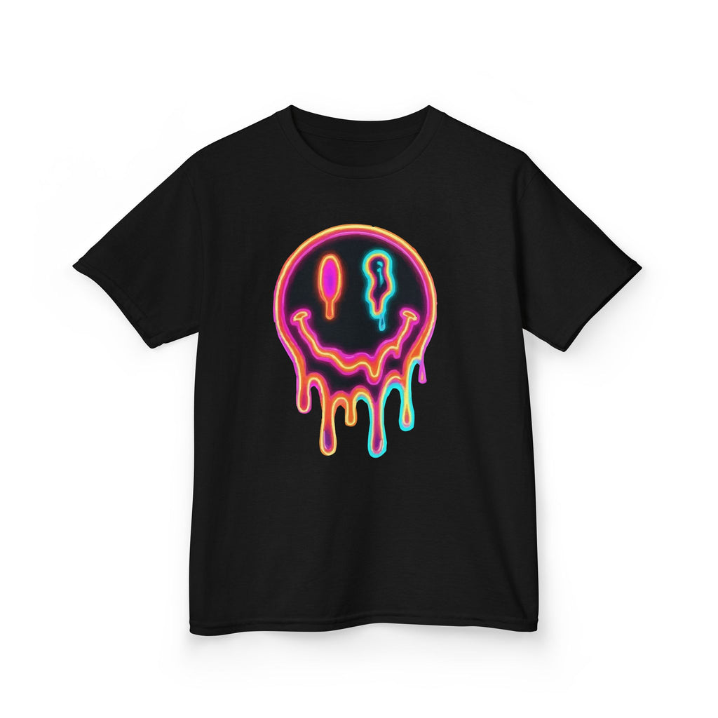 Kids Neon Drip Smiley T-Shirt — Colorful Melting Emoji Tee for Boys & Girls