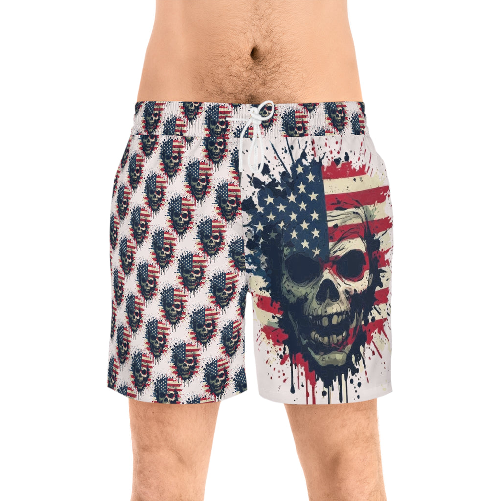 American Flag Skull Swim Shorts — Patriotic Gothic Men's Mid-Length Boardshorts