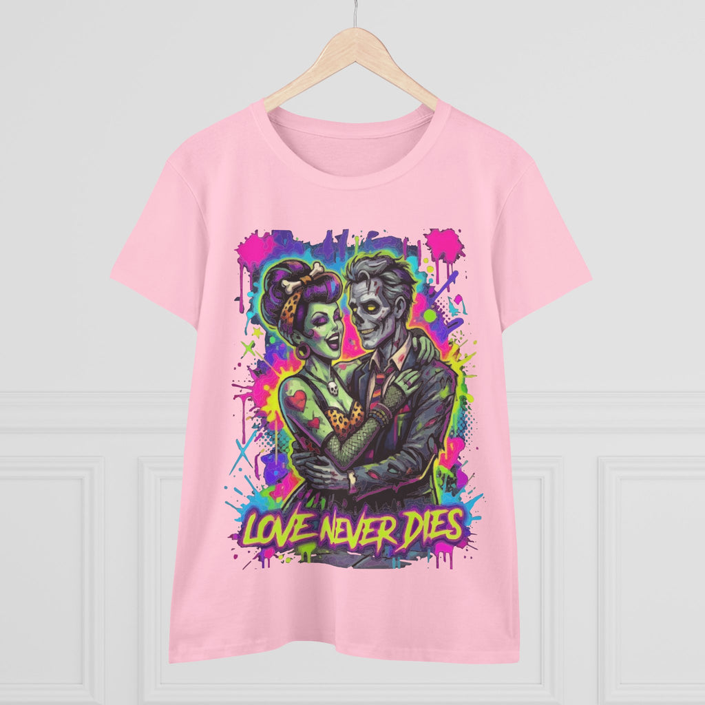 Women's Tee — Neon Zombie Couple "Love Never Dies" Graphic