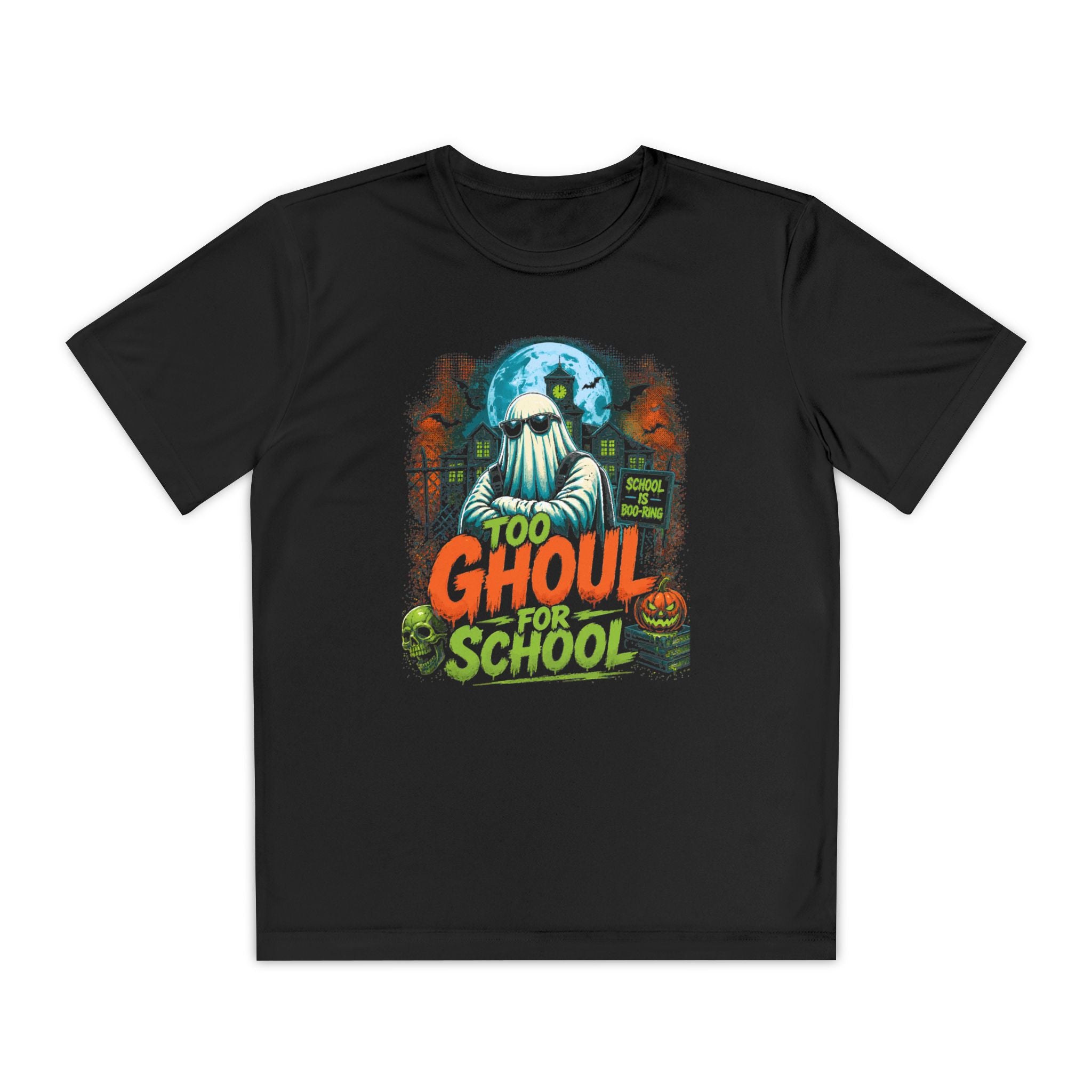 Youth Tee — "Too Ghoul for School" Spooky Ghost Athletic Shirt