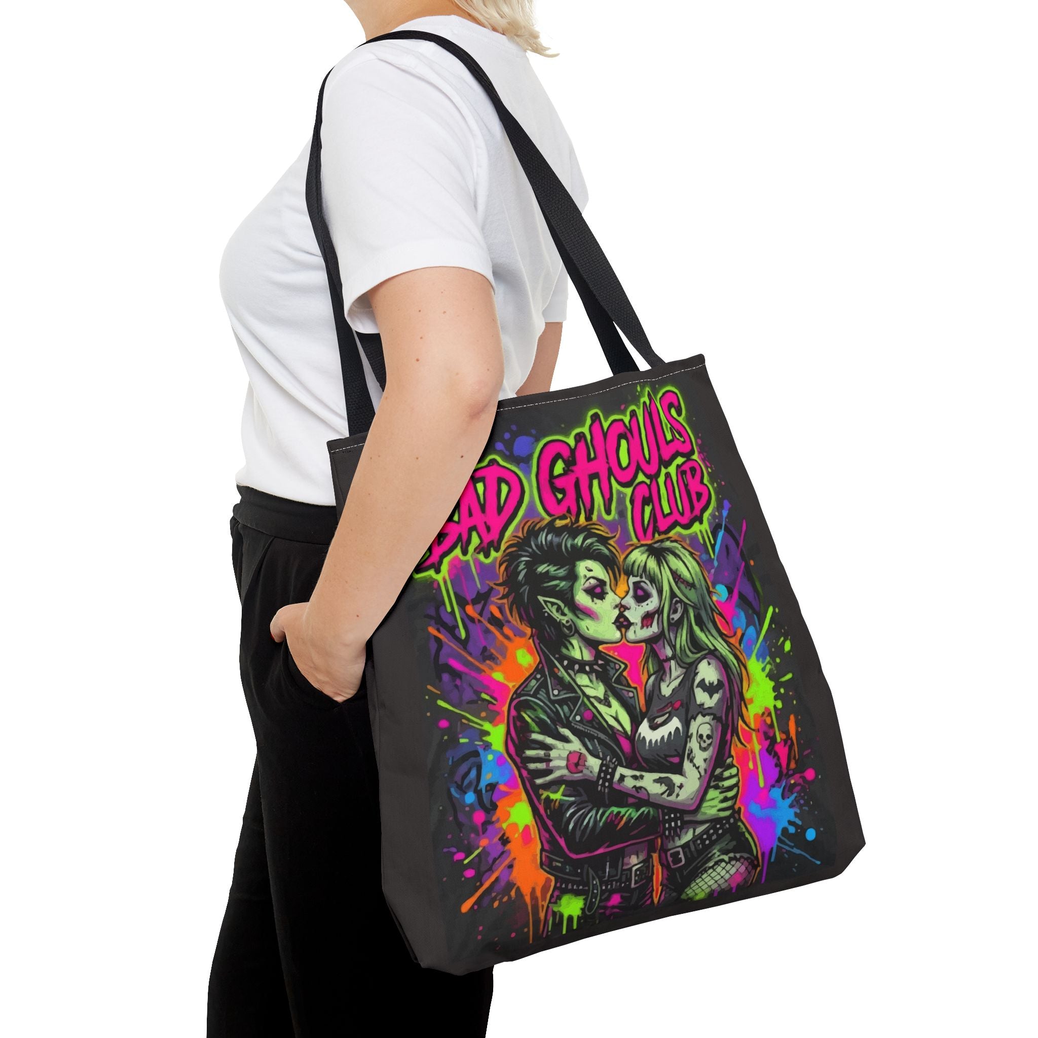 Bad Ghouls Club Tote Bag — Neon Goth Zombie Couple Graphic Tote