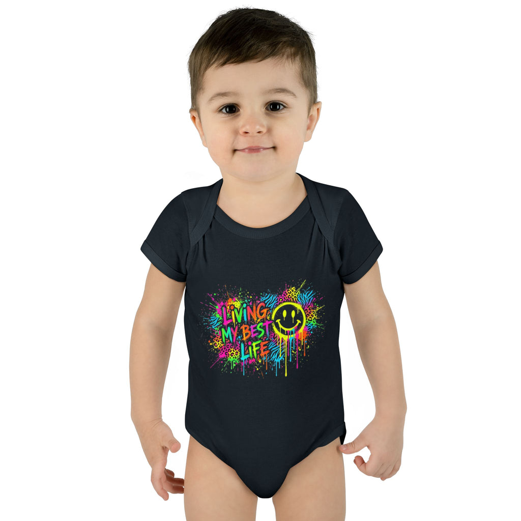 Infant Bodysuit - "Living My Best Life" Neon Smiley Tie-Dye Baby One-Piece