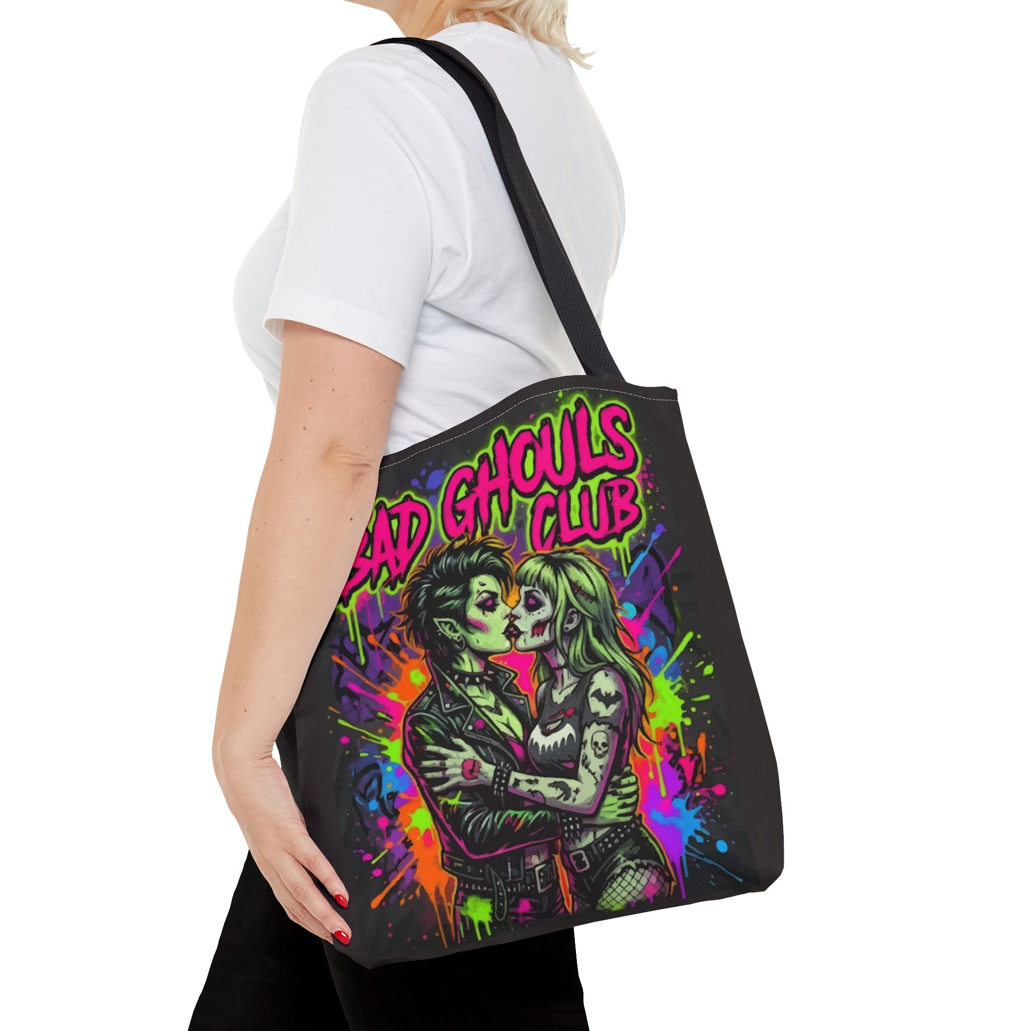 Bad Ghouls Club Tote Bag — Neon Goth Zombie Couple Graphic Tote