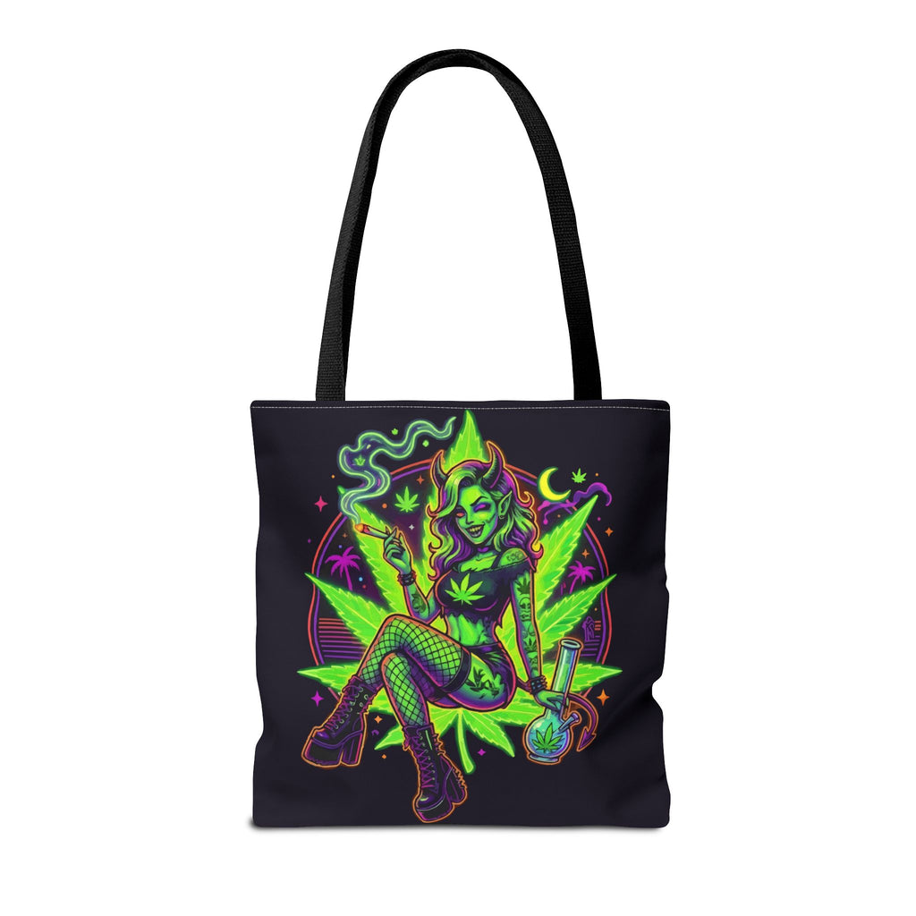 Psychedelic Witch Tote Bag — Neon Cannabis Pinup All-Over Print