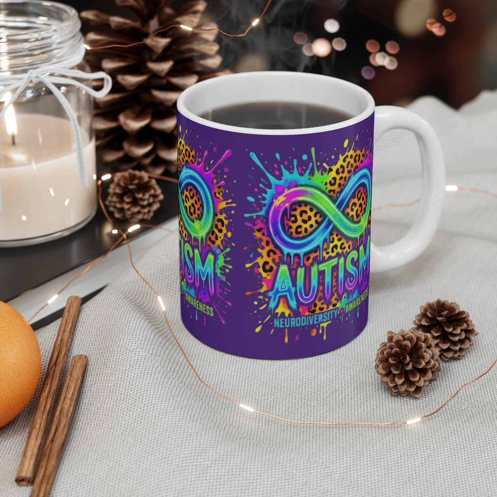 Autism Neurodiversity Awareness Mug — Rainbow Infinity Leopard Design (11oz)