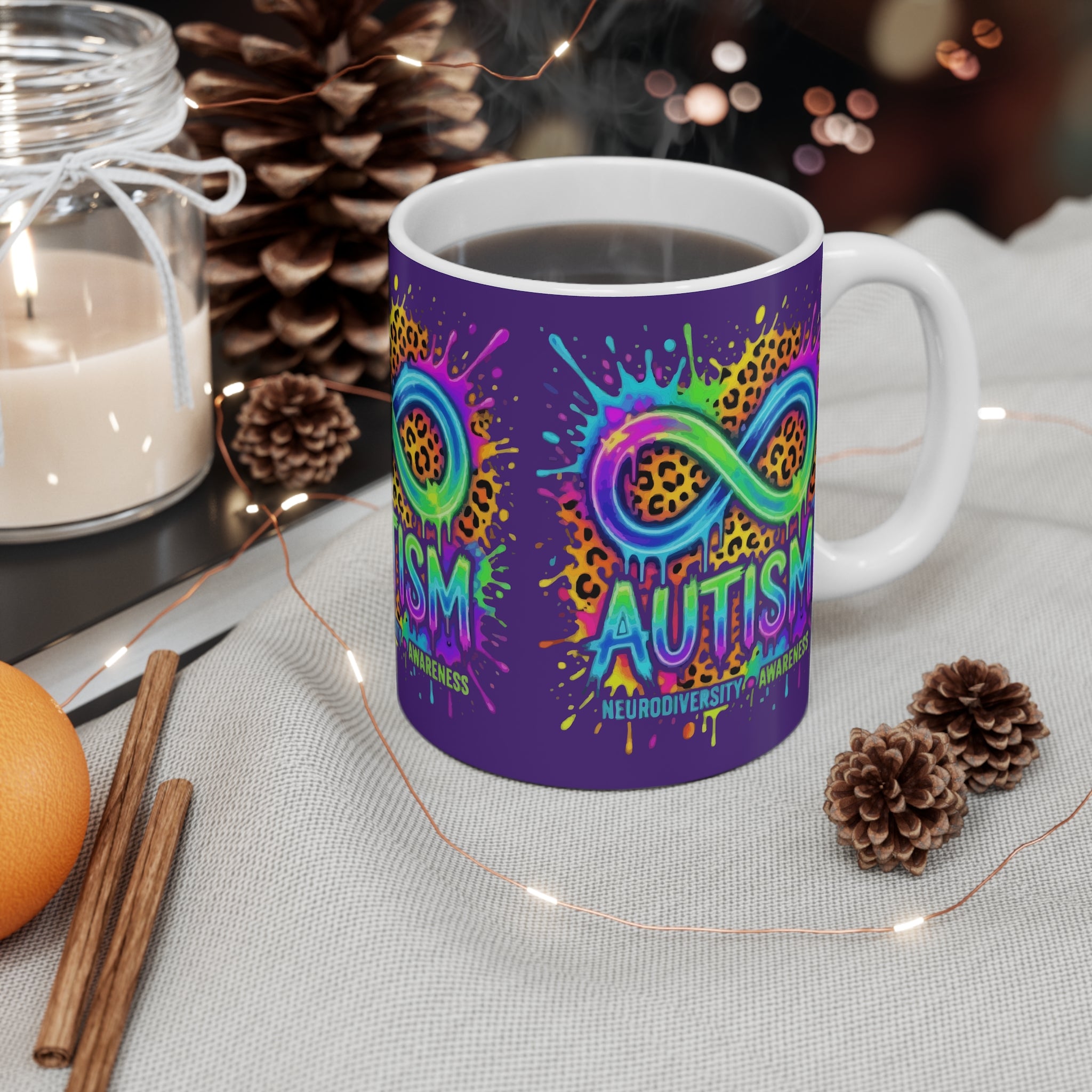 Autism Neurodiversity Awareness Mug — Rainbow Infinity Leopard Design (11oz)