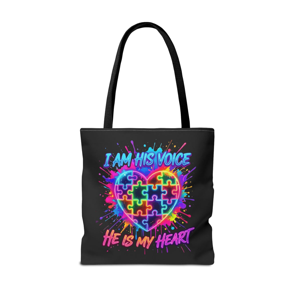 Autism Awareness Tote Bag — "I Am His Voice, He Is My Heart" Colorful Puzzle Heart