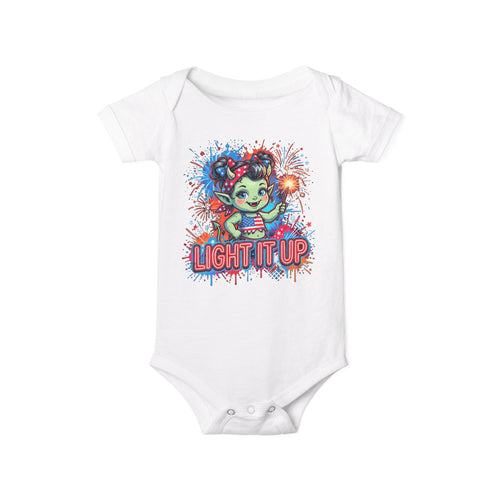 Baby Onesie "Light It Up" Patriotic Firework Elf Graphic Infant Bodysuit