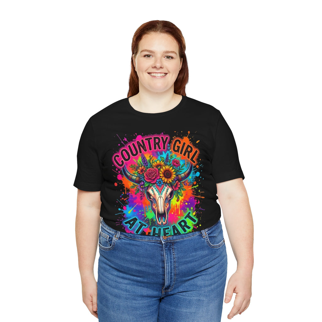 Country Girl At Heart Graphic Tee — Floral Cow Skull Colorful Western T-Shirt
