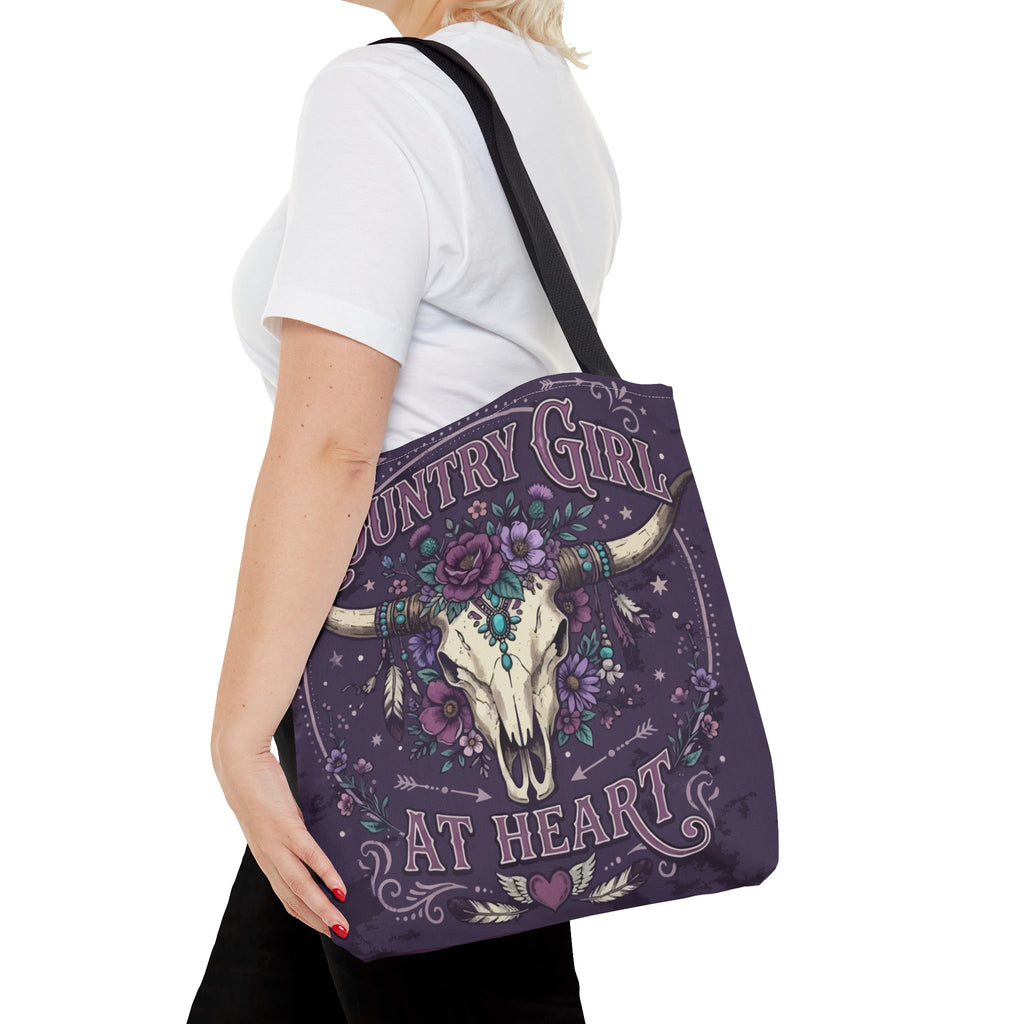 Country Girl at Heart Tote Bag — Floral Bull Skull All-Over Print
