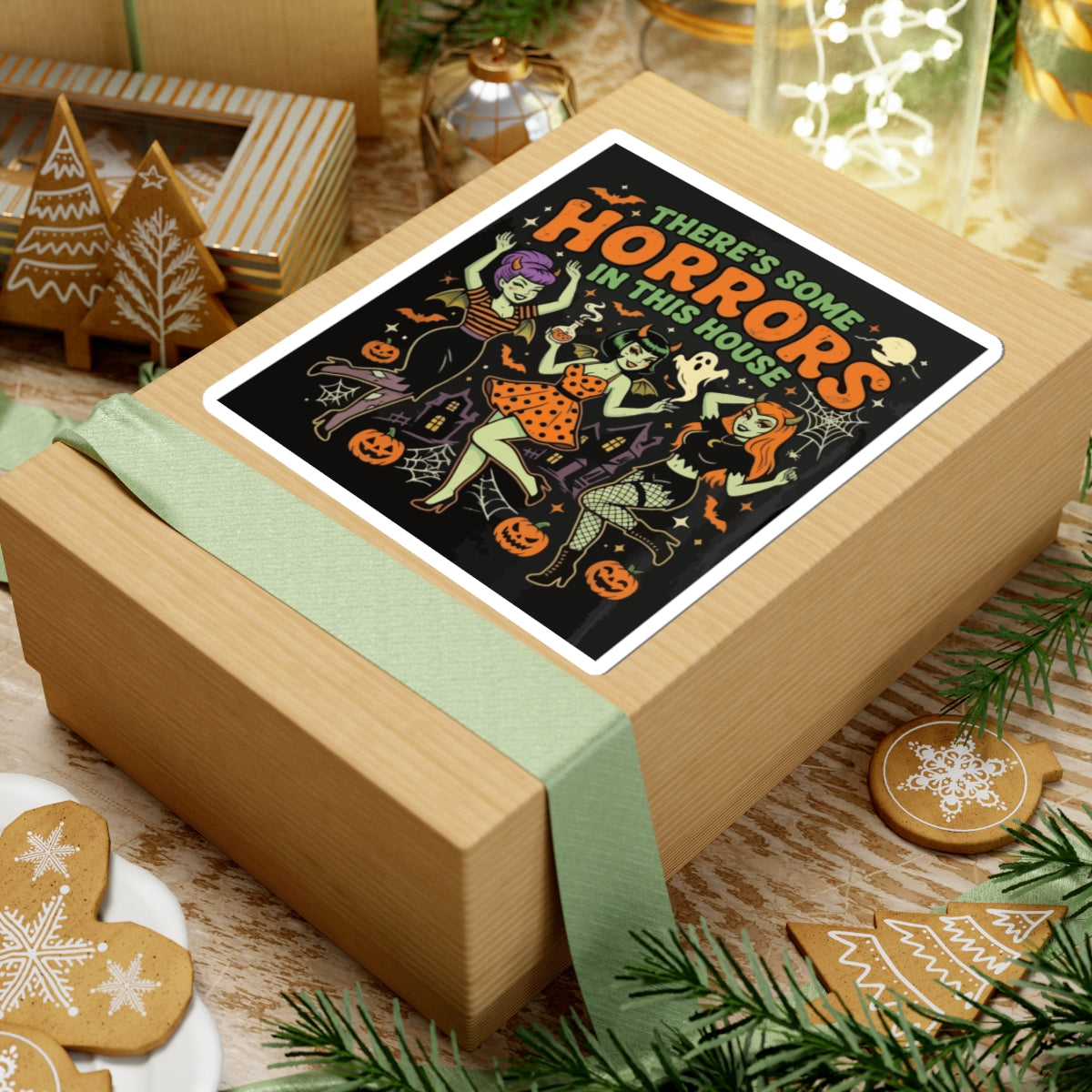 Halloween 'There's Some Horrors in This House' Kiss-Cut Sticker — Retro Pin-Up Witch Trio