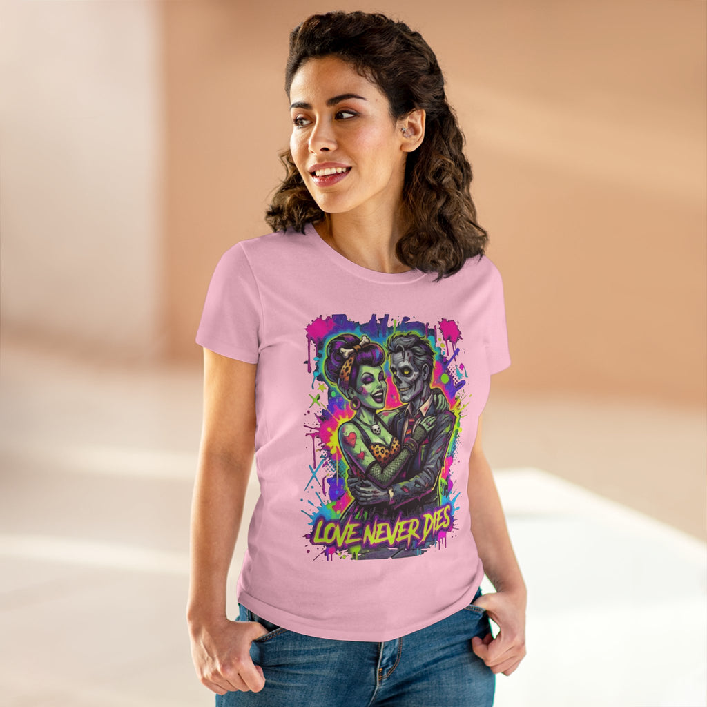Women's Tee — Neon Zombie Couple "Love Never Dies" Graphic