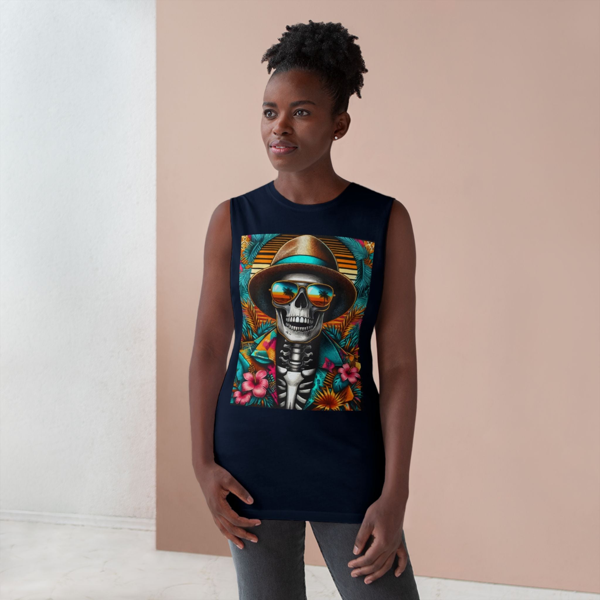 Skeleton Sun Hat Tank Top — Tropical Day of the Dead Skull Graphic Tank