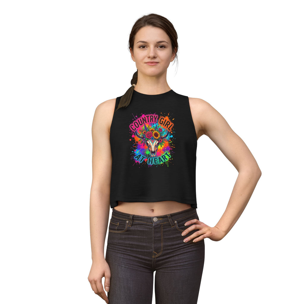 Crop Top — "Country Girl at Heart" Colorful Cow Skull Graphic