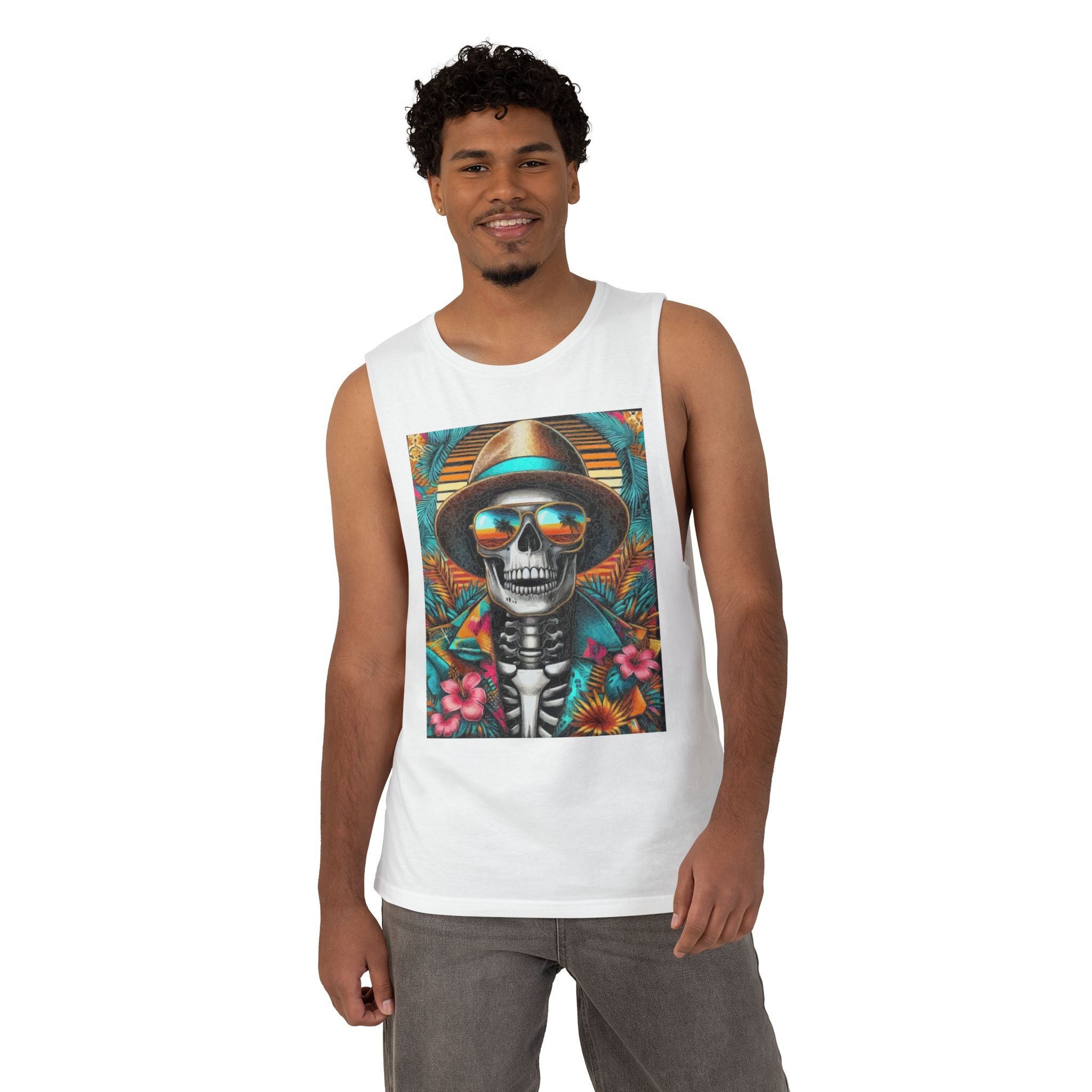 Skeleton Sun Hat Tank Top — Tropical Day of the Dead Skull Graphic Tank