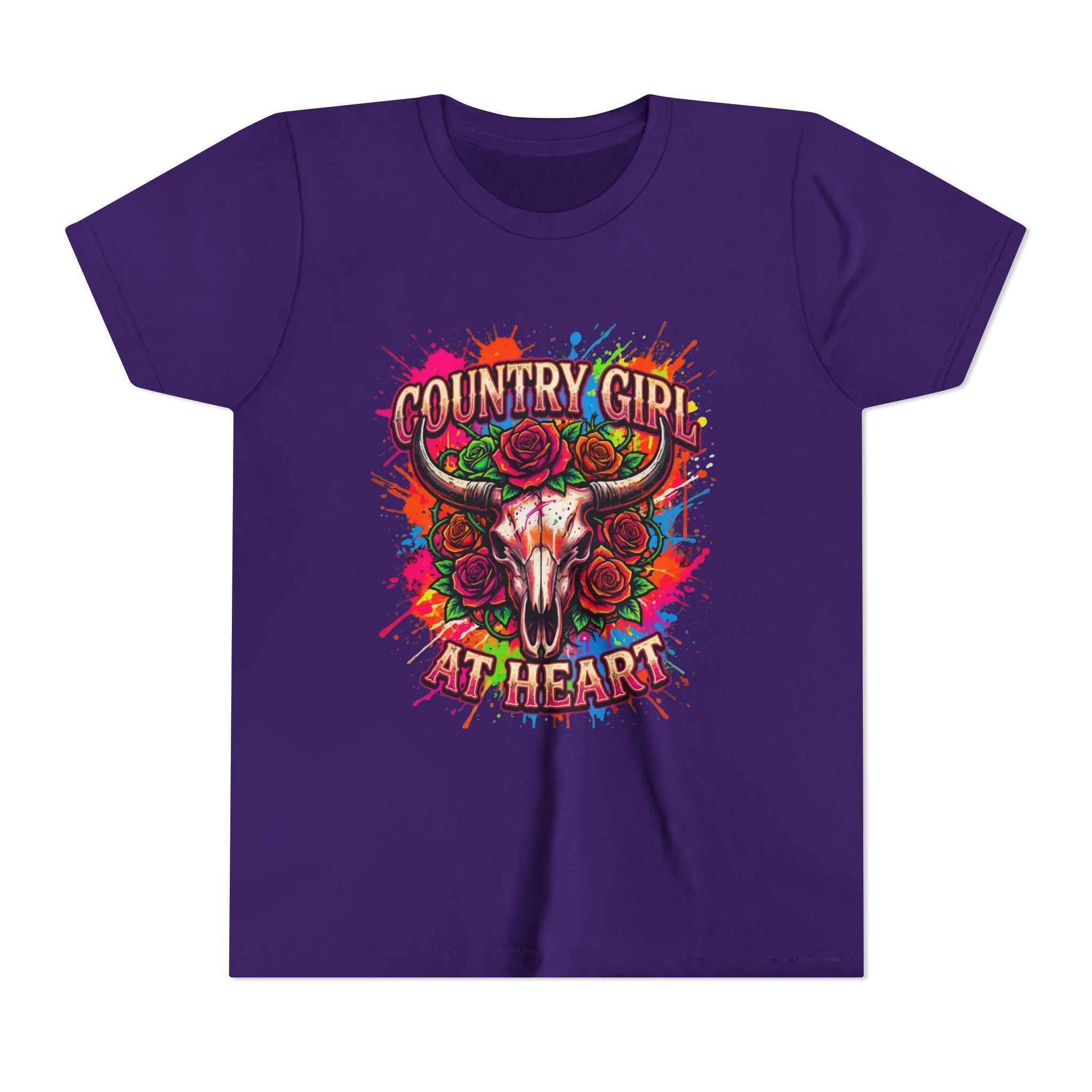Youth Tee - "Country Girl at Heart" Colorful Bull Skull Graphic