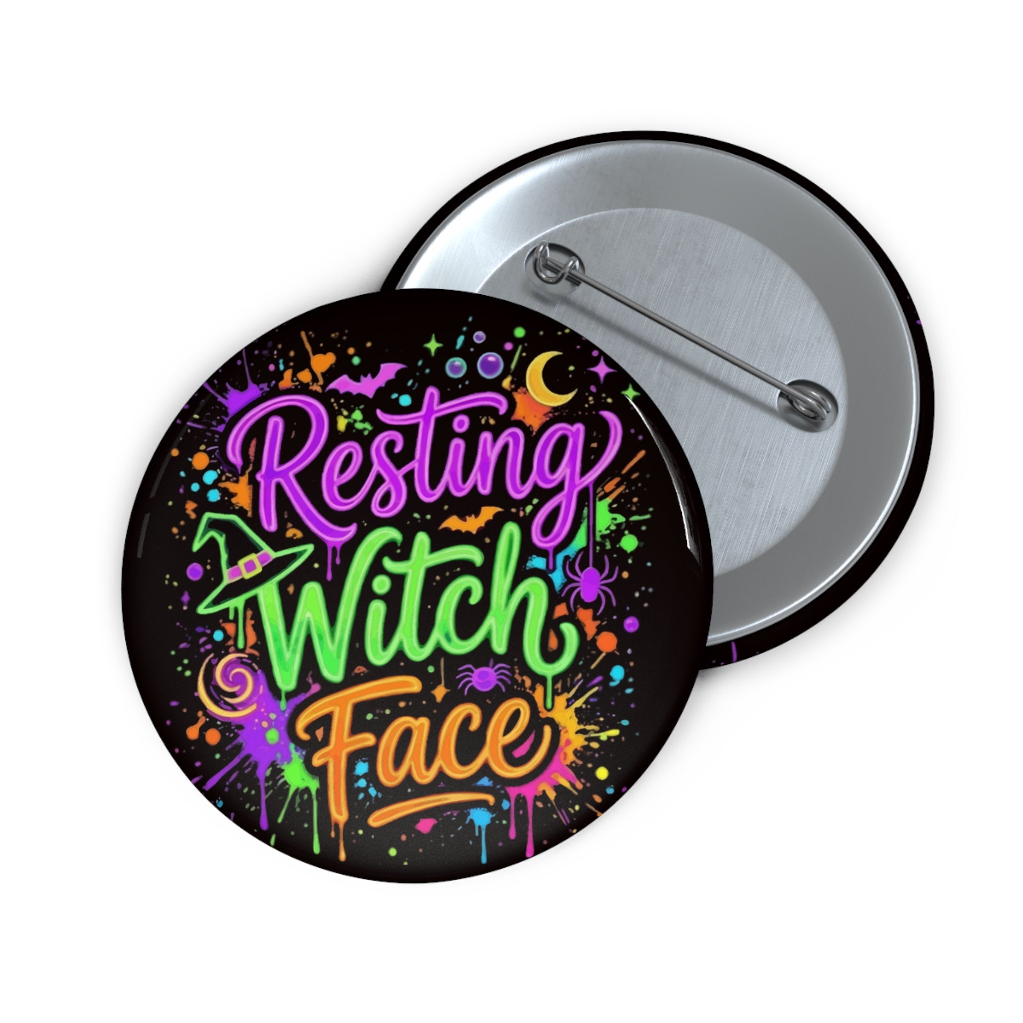 Resting Witch Face Pin Button — Colorful Halloween Witchy Badge