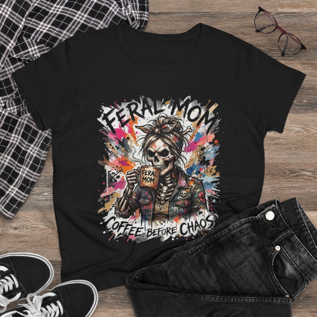 Feral Mom T-Shirt — "Coffee Before Chaos" Graphic Tee for Busy Moms
