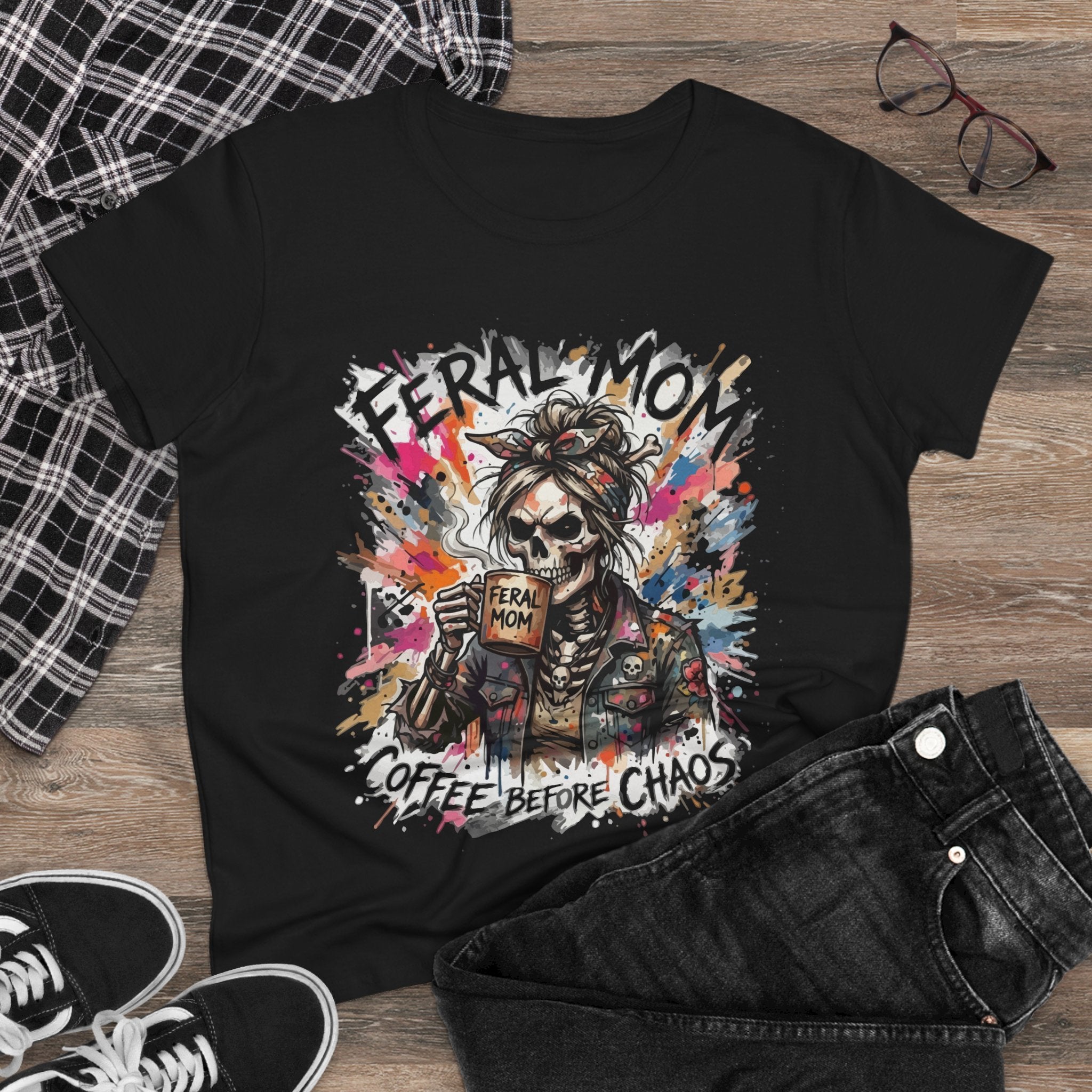 Feral Mom T-Shirt — "Coffee Before Chaos" Graphic Tee for Busy Moms