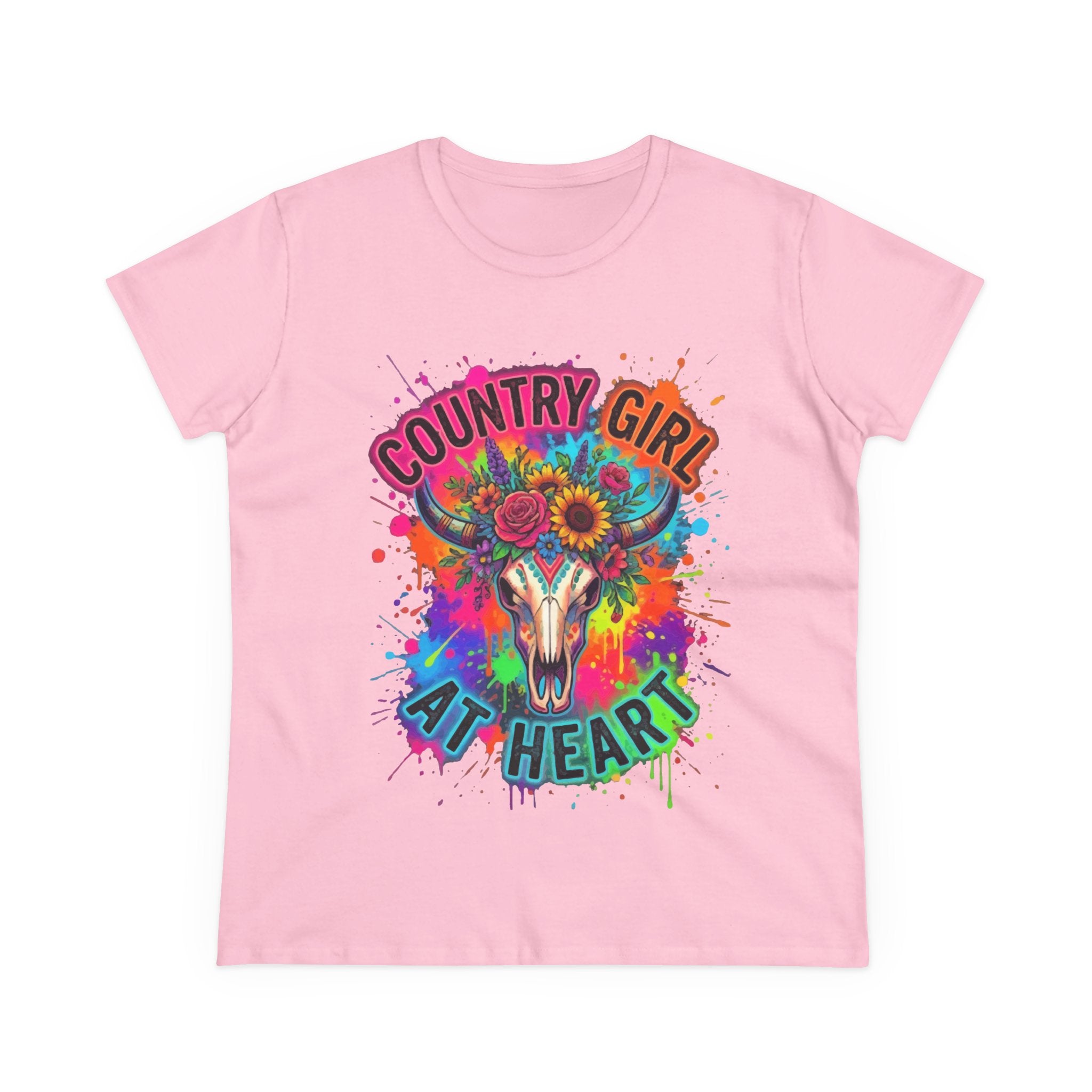 Country Girl At Heart Tee — Colorful Floral Cow Skull Women's T‑Shirt