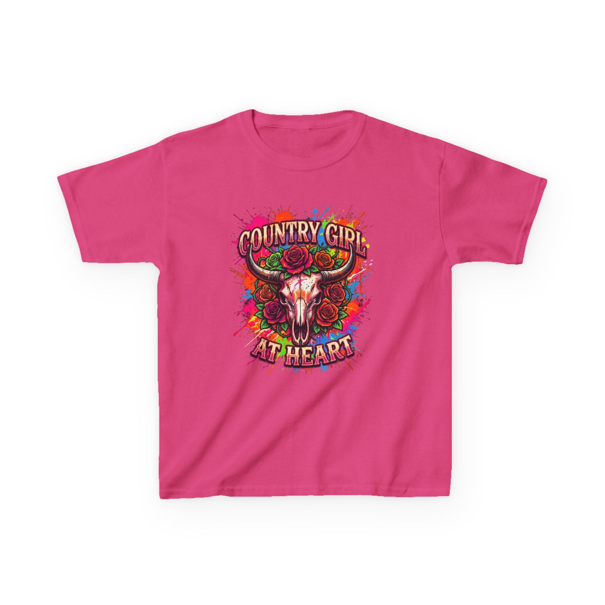 Kids T-Shirt — "Country Girl at Heart" Colorful Cow Skull Tee