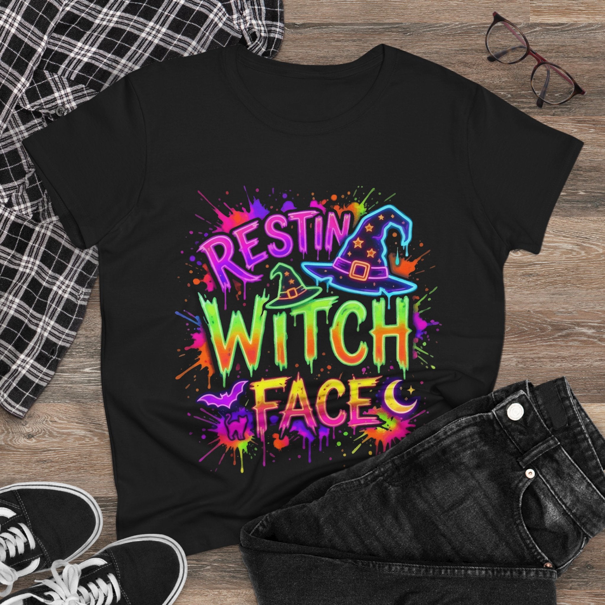 Restin' Witch Face Women's Tee — Colorful Neon Halloween Shirt