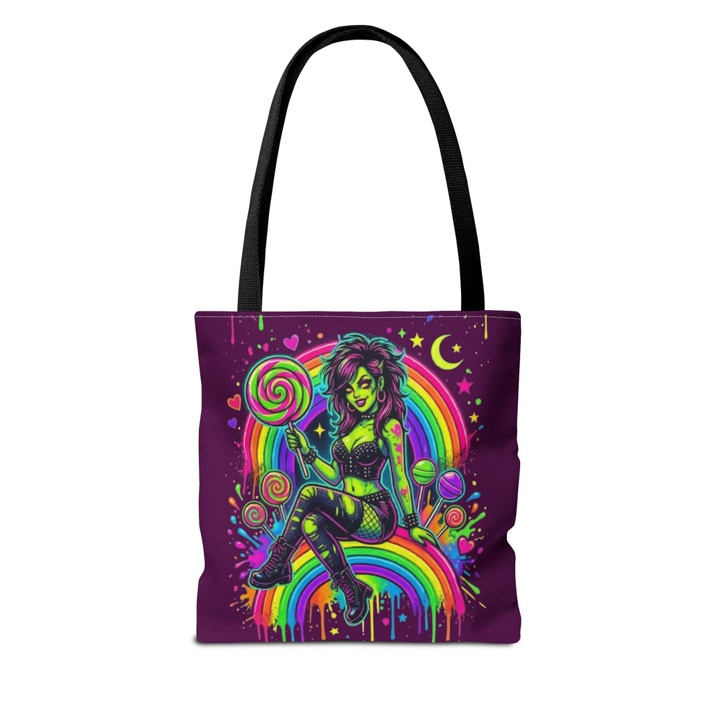 Neon Pinup Witch Rainbow Tote Bag — Candy Goth All-Over Print