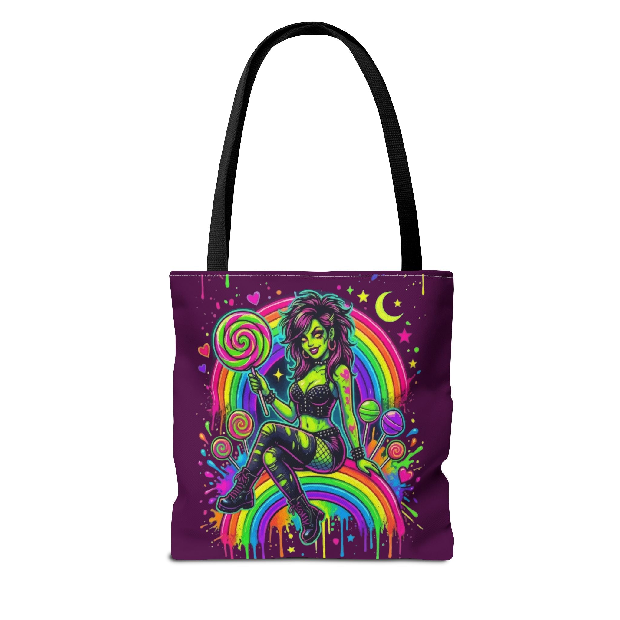 Neon Pinup Witch Rainbow Tote Bag — Candy Goth All-Over Print