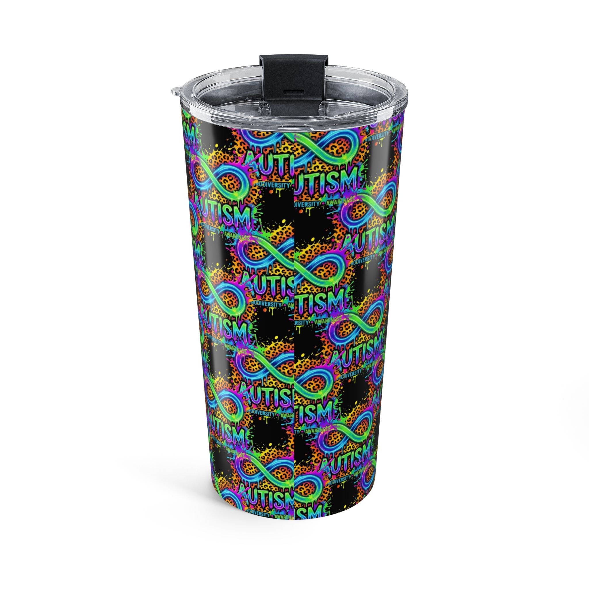 Autism Awareness Infinity 20oz Tumbler — Colorful Puzzle Ribbon Travel Cup