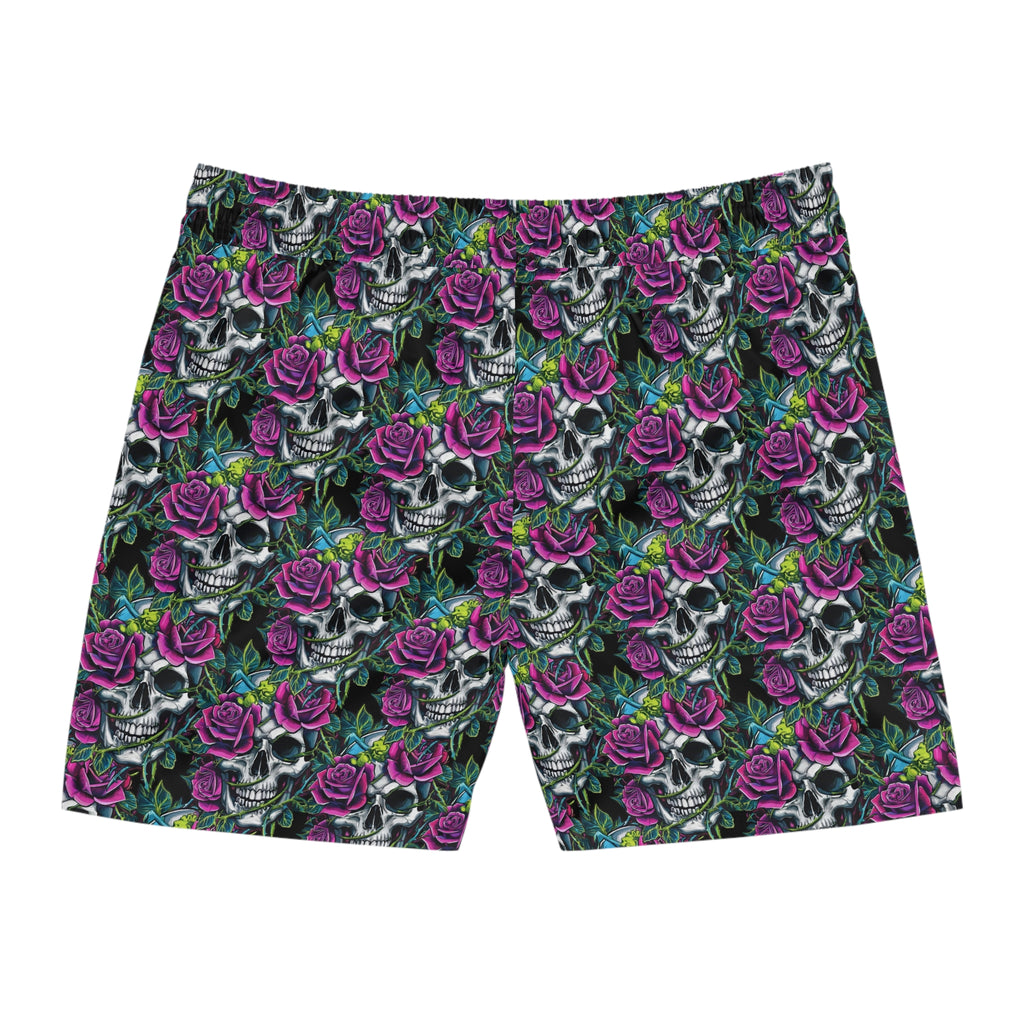 Men's Skull & Roses Swim Shorts — Purple Rose Skeleton Beach Trunks