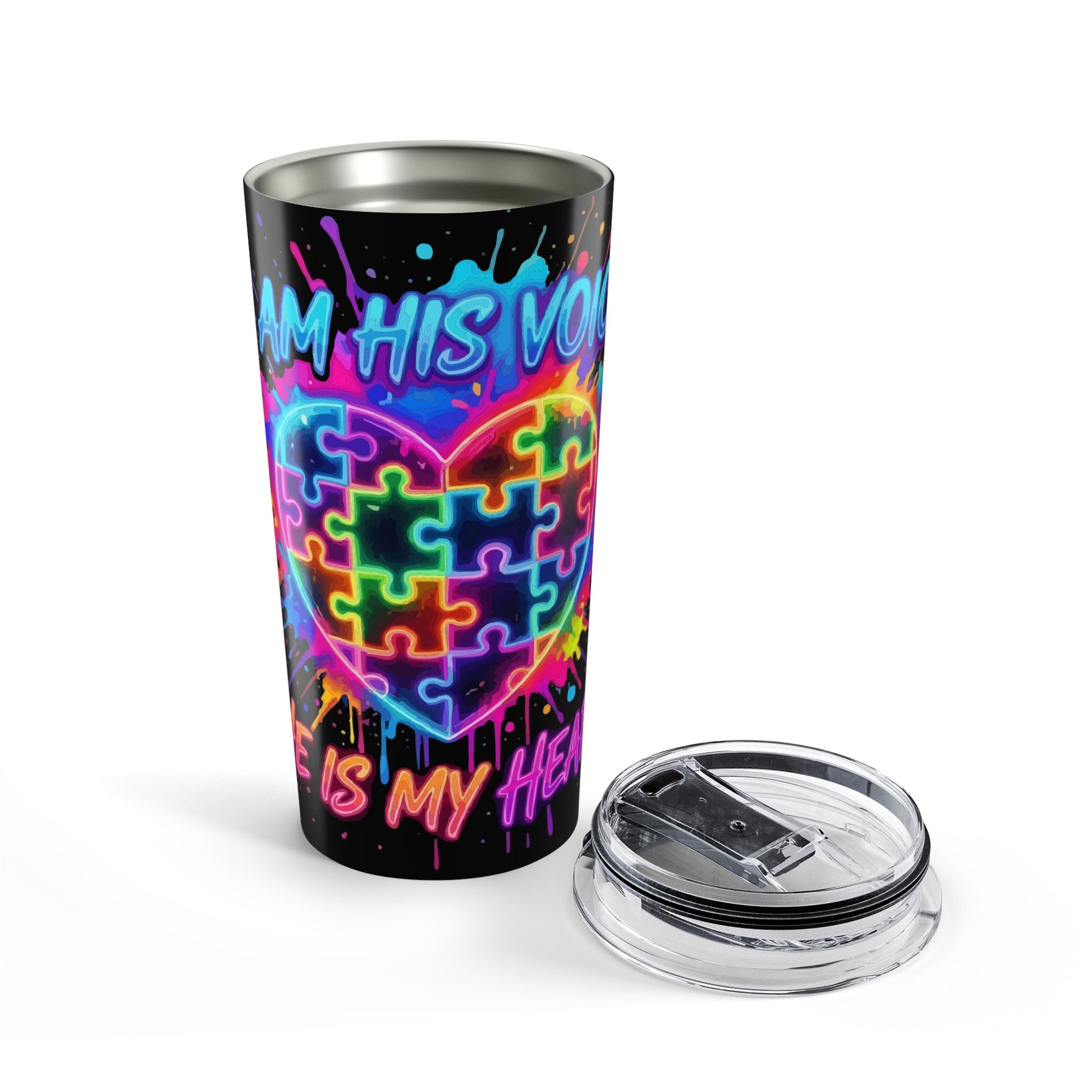 Autism Puzzle Heart 20oz Tumbler — Neon "He’s My Voice" Travel Cup