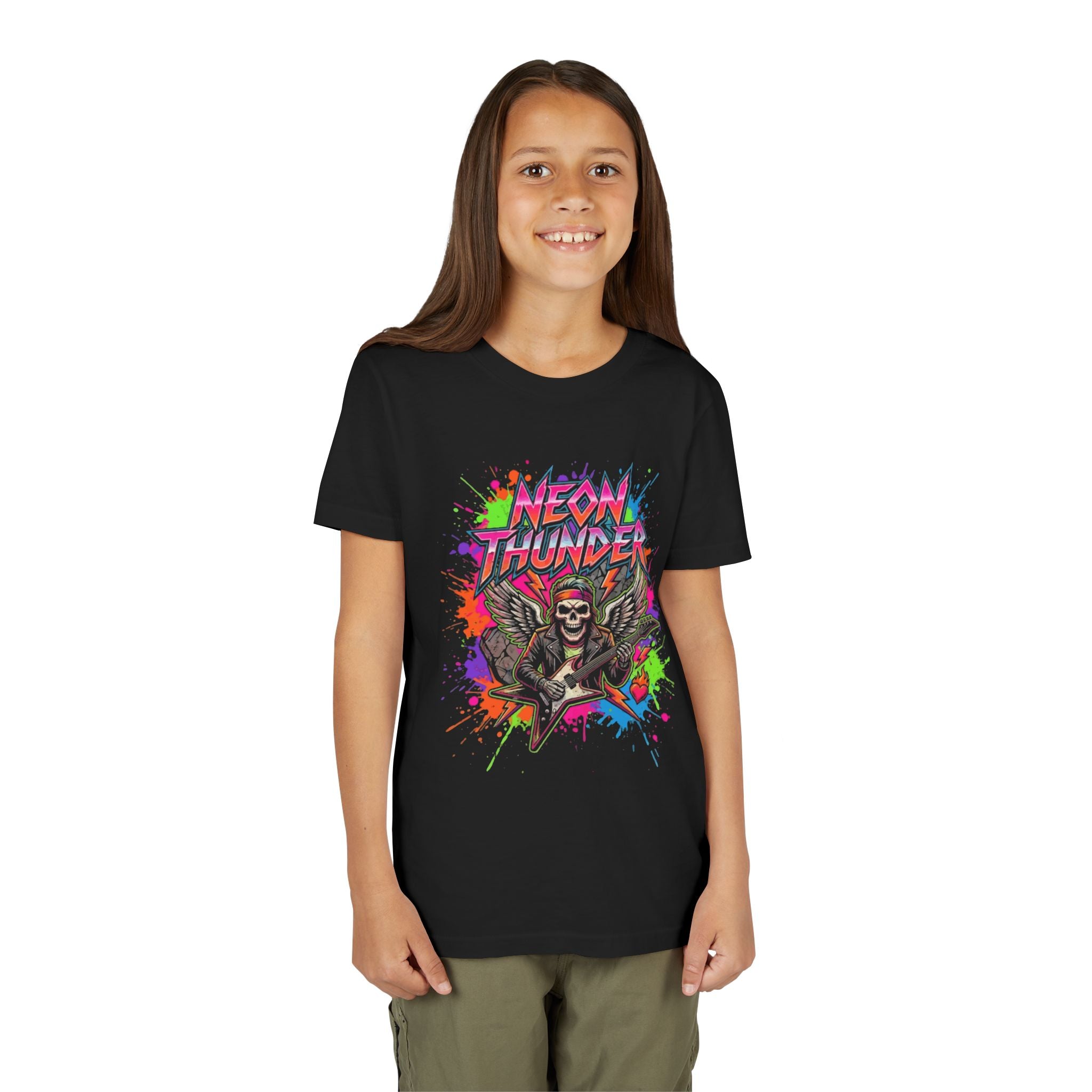 Neon Thunder Youth Tee - Colorful Skull Guitar Rock Graphic