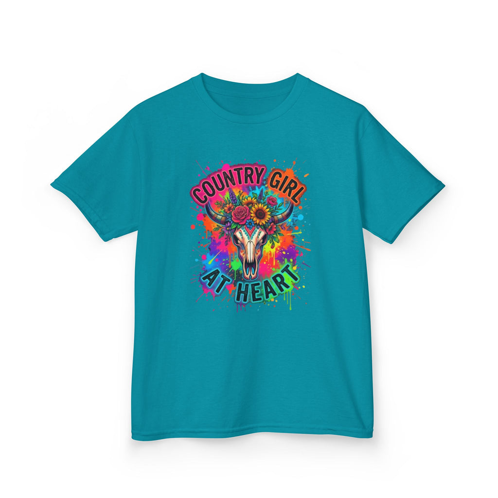 Kids T-Shirt - "Country Girl At Heart" Colorful Skull & Flowers Tee