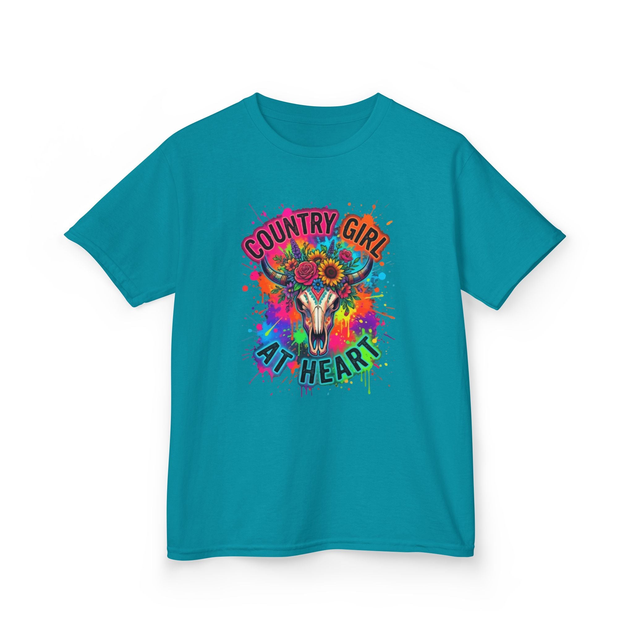 Kids T-Shirt - "Country Girl At Heart" Colorful Skull & Flowers Tee