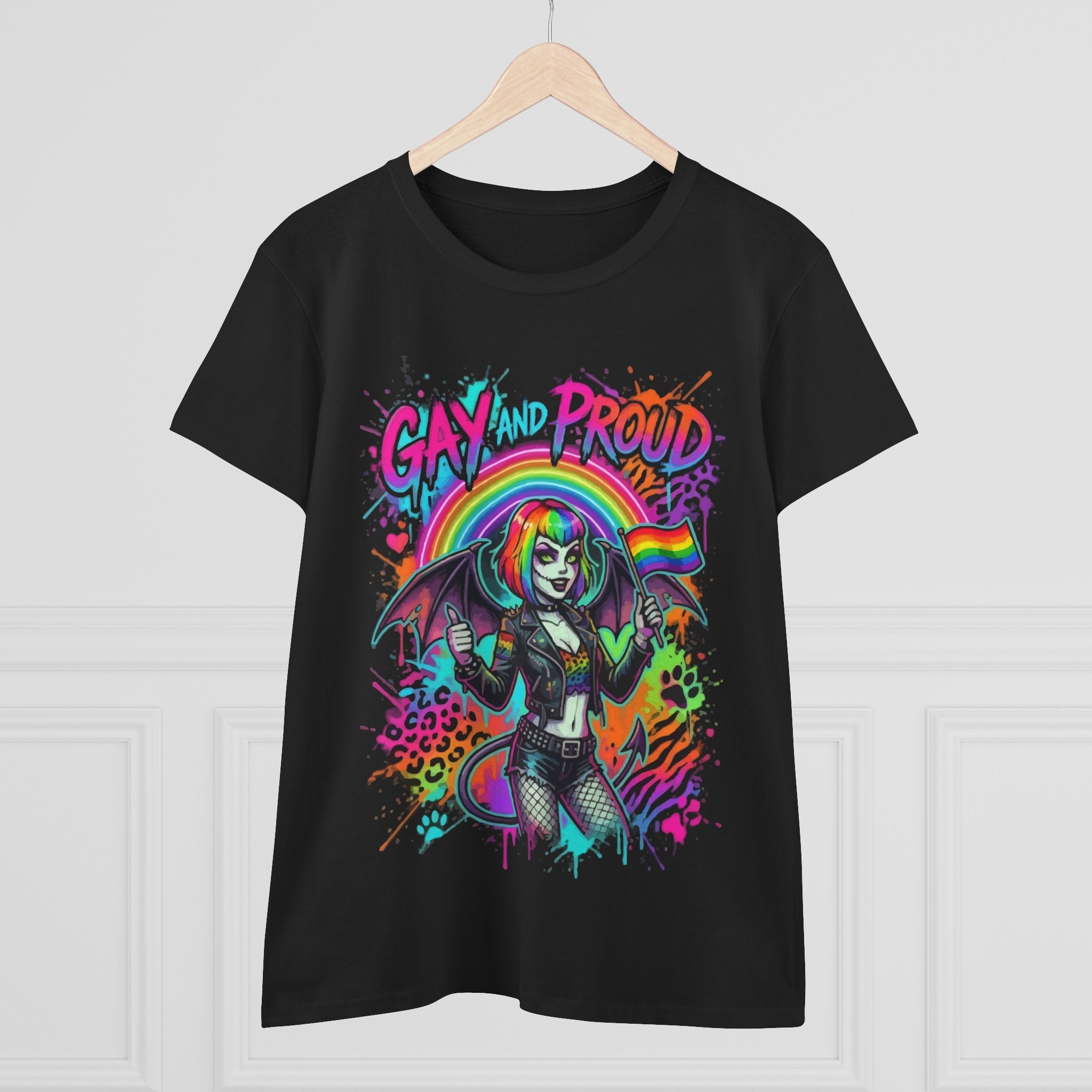 Gay and Proud Rainbow Goth Tee — Women's Pride Graphic T-Shirt