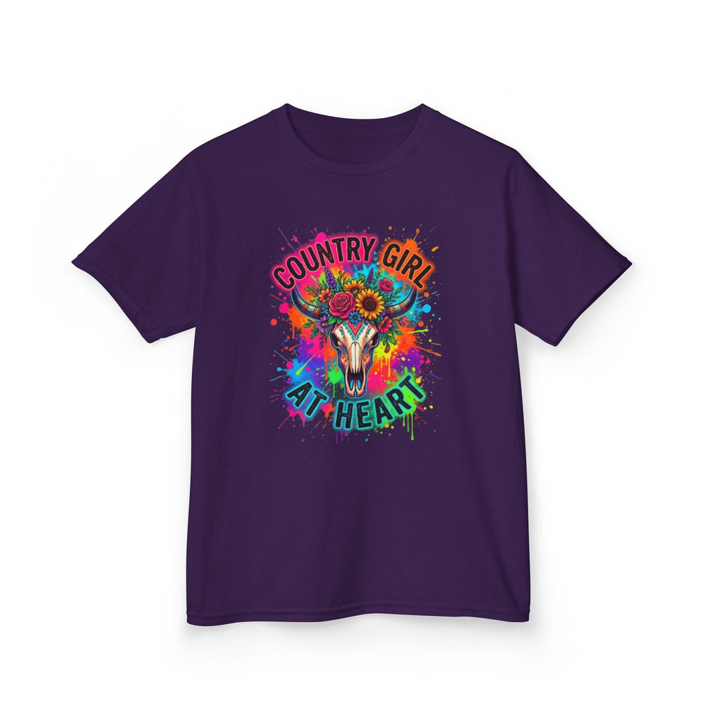 Kids T-Shirt - "Country Girl At Heart" Colorful Skull & Flowers Tee