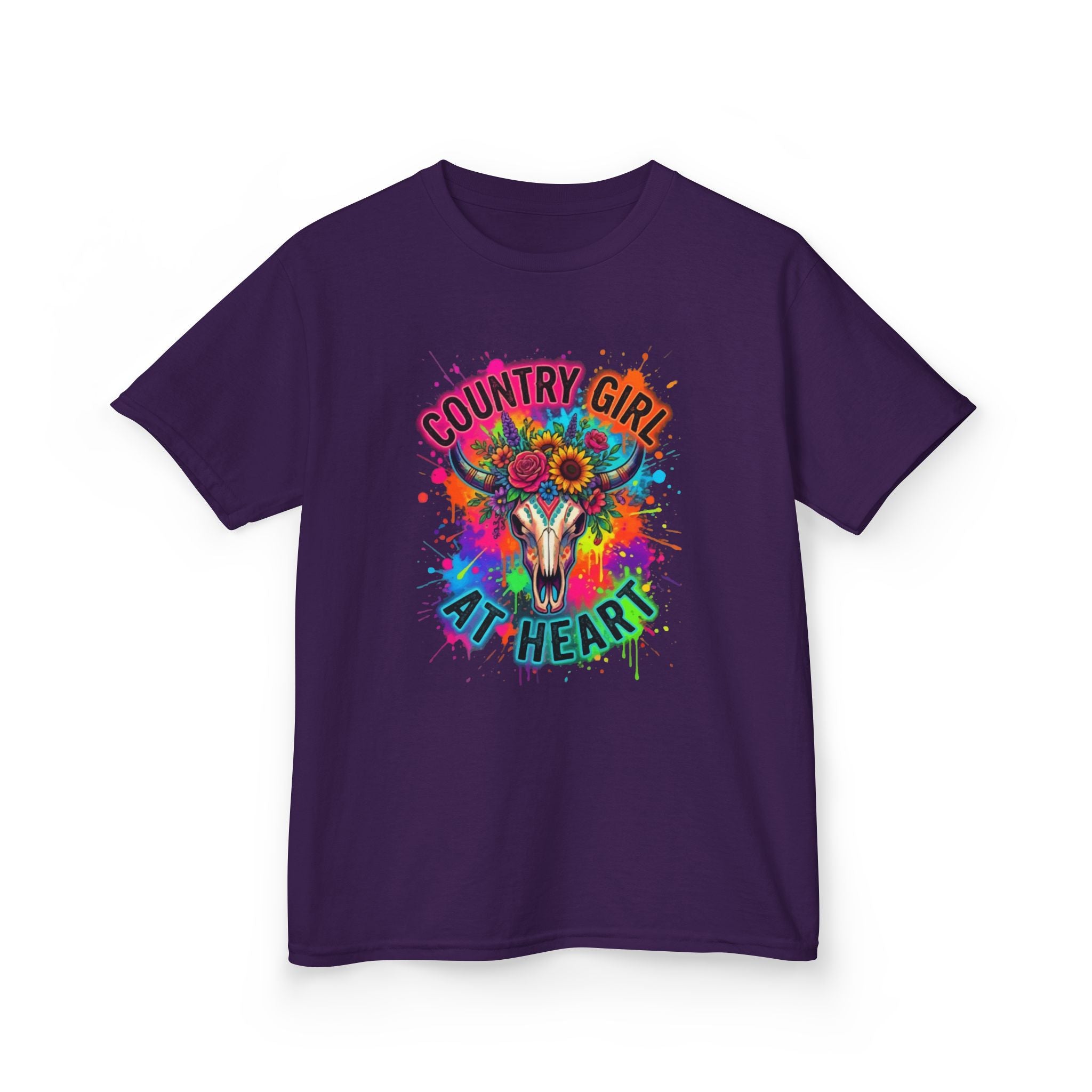 Kids T-Shirt - "Country Girl At Heart" Colorful Skull & Flowers Tee