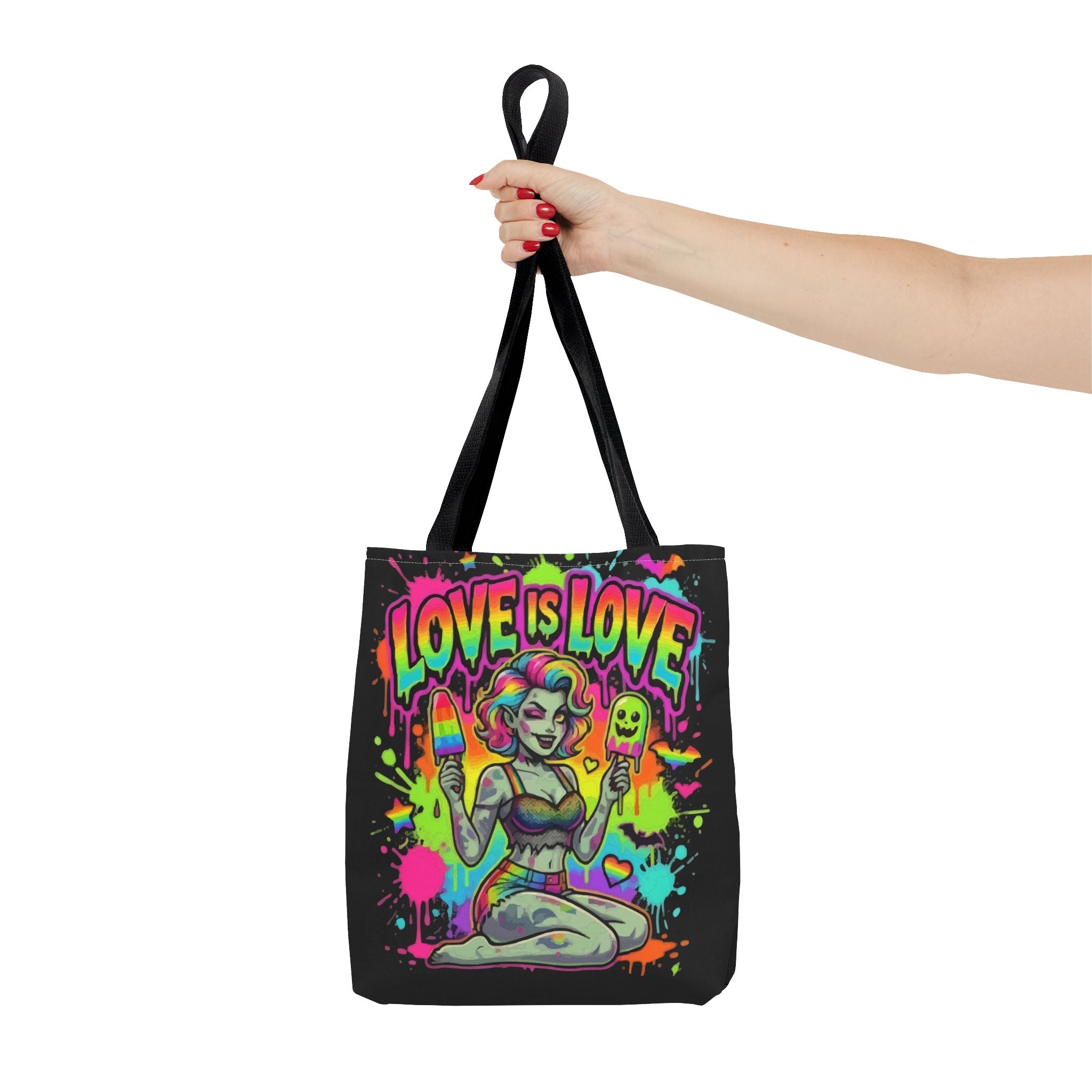 Love Is Love Neon Pride Tote Bag — Colorful Retro Pin-Up LGBTQ+ Canvas Tote