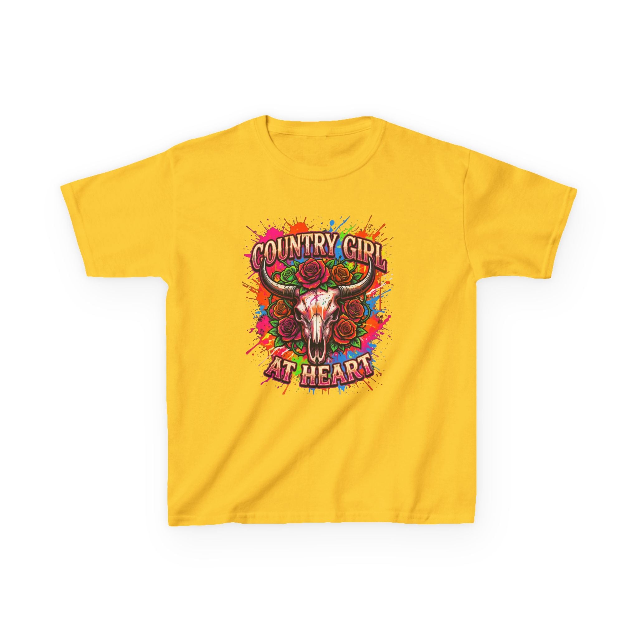 Kids T-Shirt — "Country Girl at Heart" Colorful Cow Skull Tee
