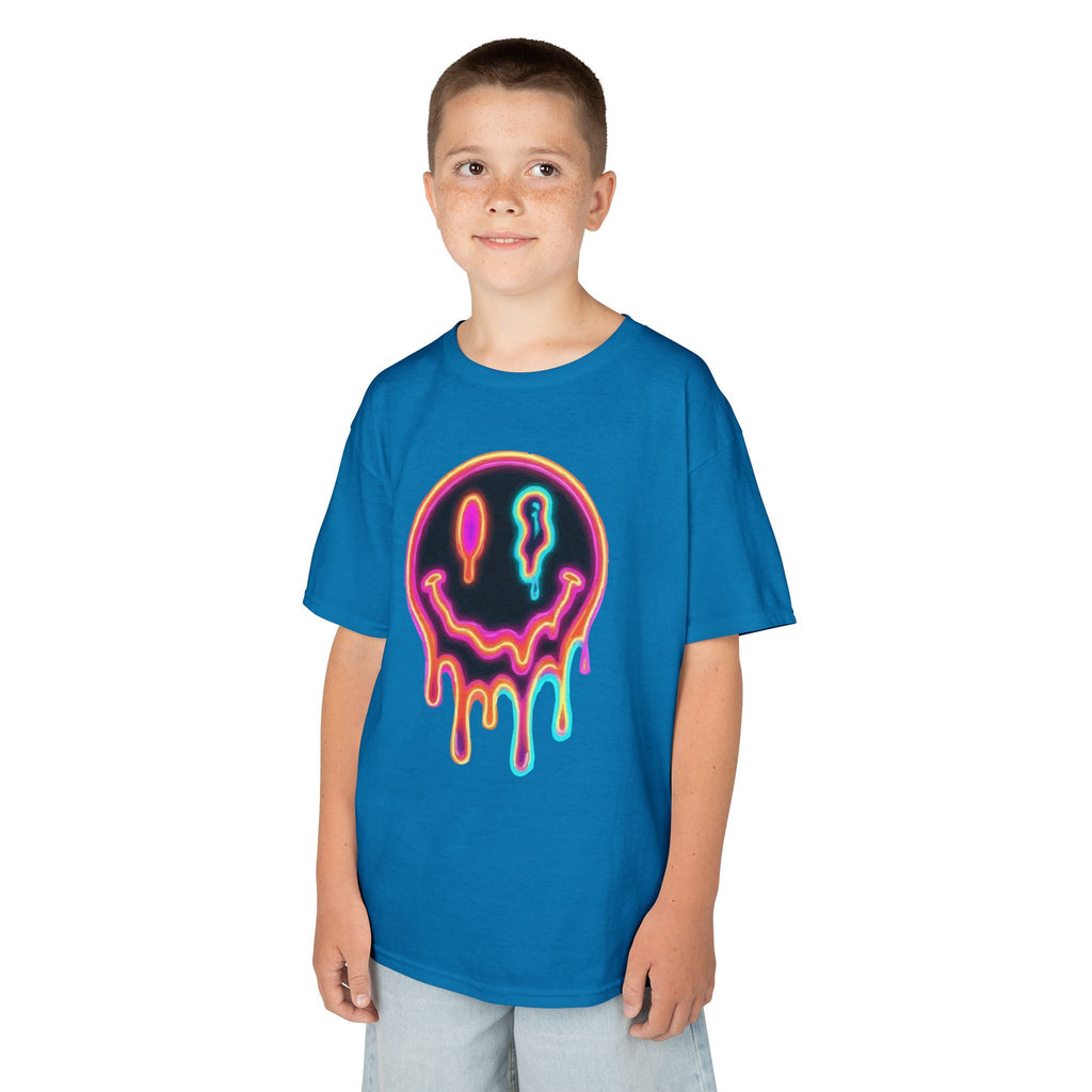 Kids Neon Drip Smiley T-Shirt — Colorful Melting Emoji Tee for Boys & Girls
