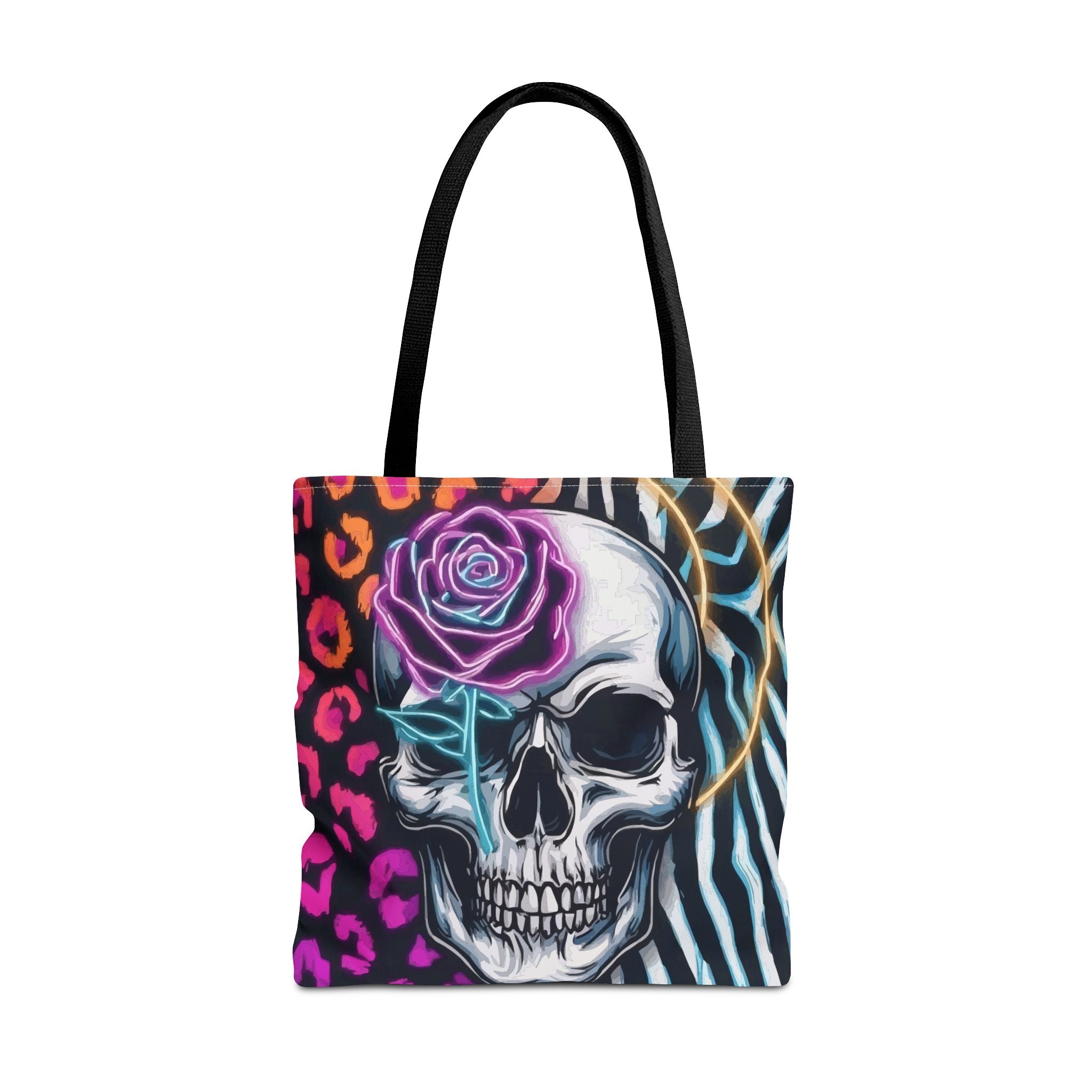Skull & Rose Pattern Tote Bag — Neon Animal Print All-Over Tote