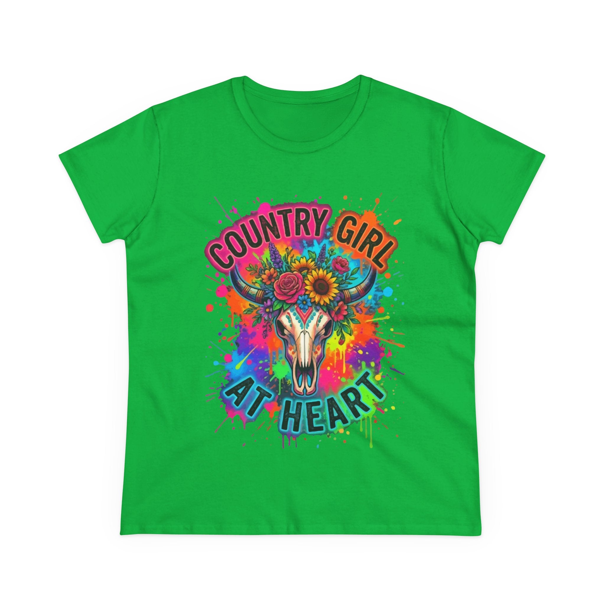 Country Girl At Heart Tee — Colorful Floral Cow Skull Women's T‑Shirt