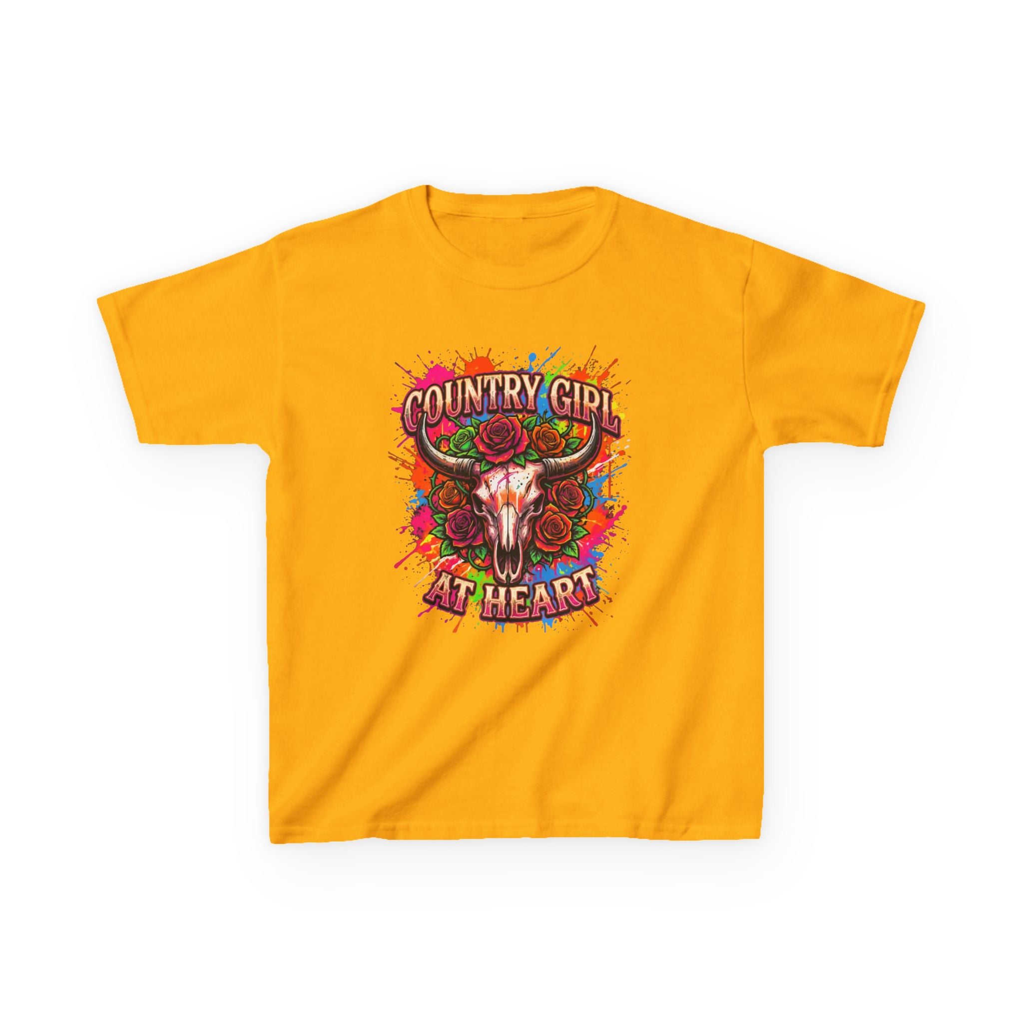 Kids T-Shirt — "Country Girl at Heart" Colorful Cow Skull Tee