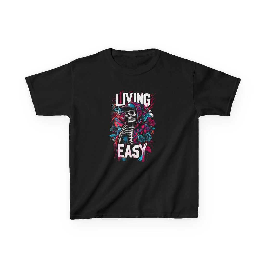 Kids T‑Shirt — 'Living Easy' Skeleton Graphic Tee for Kids, Cool Skull Floral Design